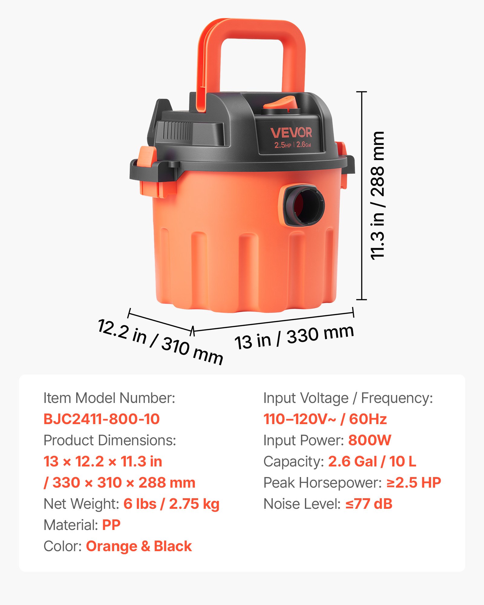Shop Vac, 2.6 Gallon Dry Shop Vacuum, 2.5 Peak HP Portable With 800W Input Power, Various Nozzles, 1.25in Diameter X 4ft Hose, 9.2ft Cord For Home, Garage, Jobsite, Workshop, Black Orange