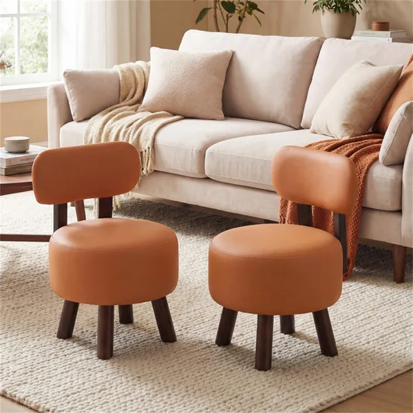 2-Piece Orange Small Footstools, Faux Leather Upholstery & Solid Rubber Wood Legs, 330LBS Load Capacity 2