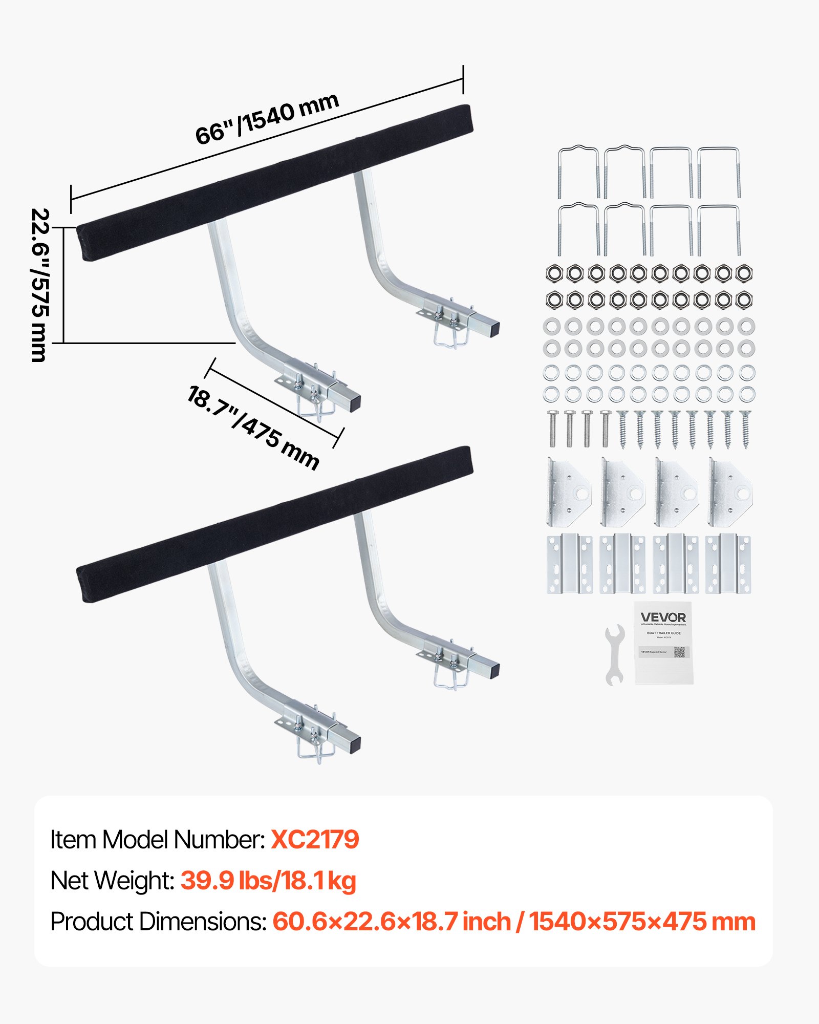 Boat Trailer Guides, 16.7 In/18.7 In Height Adjustable Trailers Guide, 2PCS Thickened Steel Trailer Guide-Ons With Thick Support Pads, Fits L-Beam, Box Or C-Channel Bunk-Style Pontoon Trailers