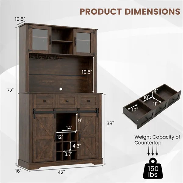 Brown Farmhouse 72" Pantry Cabinet With Hutch, Sliding Barn Doors & Wine Storage Rack