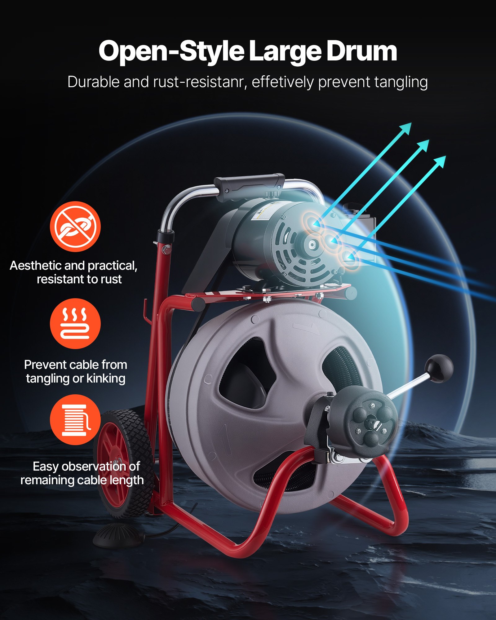 Drain Cleaner Machine 75 FT X 3/8 Inch, Auto Feed Sewer Snake Drain Auger On Wheels, Portable Drain Cleaning Machine With 8 Cutters & Air-Activated Foot Switch For 2" To 4" Pipes