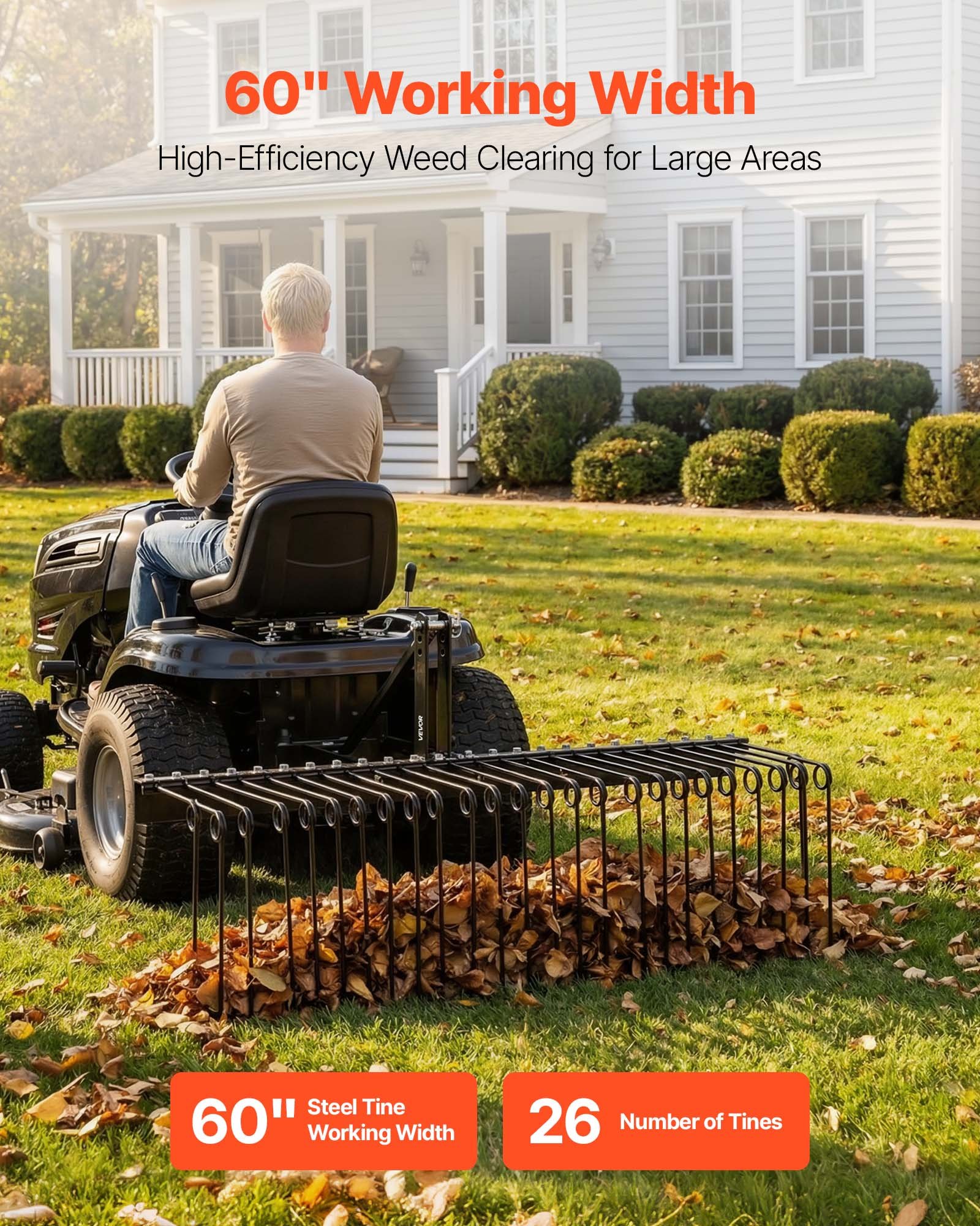 60 In Tow Behind Landscape Rake, 3 Point Hitch Lawn Dethatcher Rake, 26 Spring Steel Tines, For Category 1 Tractors, Heavy Duty & Rust-Resistant Rakes Tractor Attachments For Leaves Pine Needles