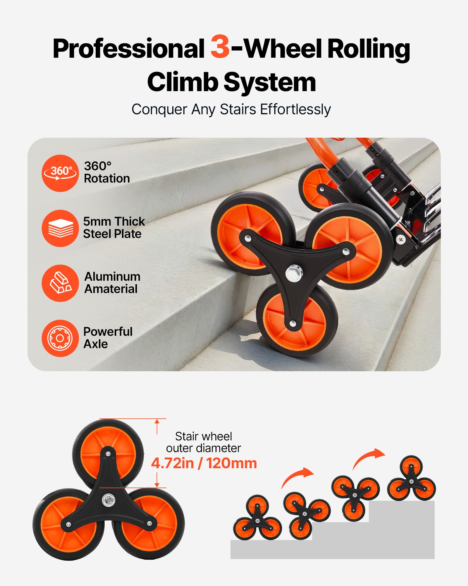 Stair Climbing Cart, 120 Lbs Stair-Climbing Capacity, Portable Folding Trolley Cart With Telescoping Handle, 6 Wheels And 2 Bungee Cords, Stair Climber Dolly For Home, Groceries, Warehouse