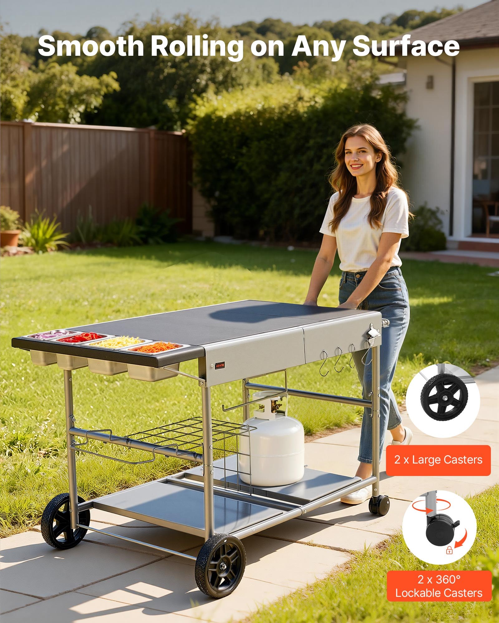 Outdoor Grill Cart, 36.4 X 23.4 X 1 Inch Tabletop Size Grilling Table, Movable Outdoor Cooking Table With 4 Spice Containers, Wheels, Lids, Hooks, BBQ Prep Tables For Picnic, Kitchen, Courtyard