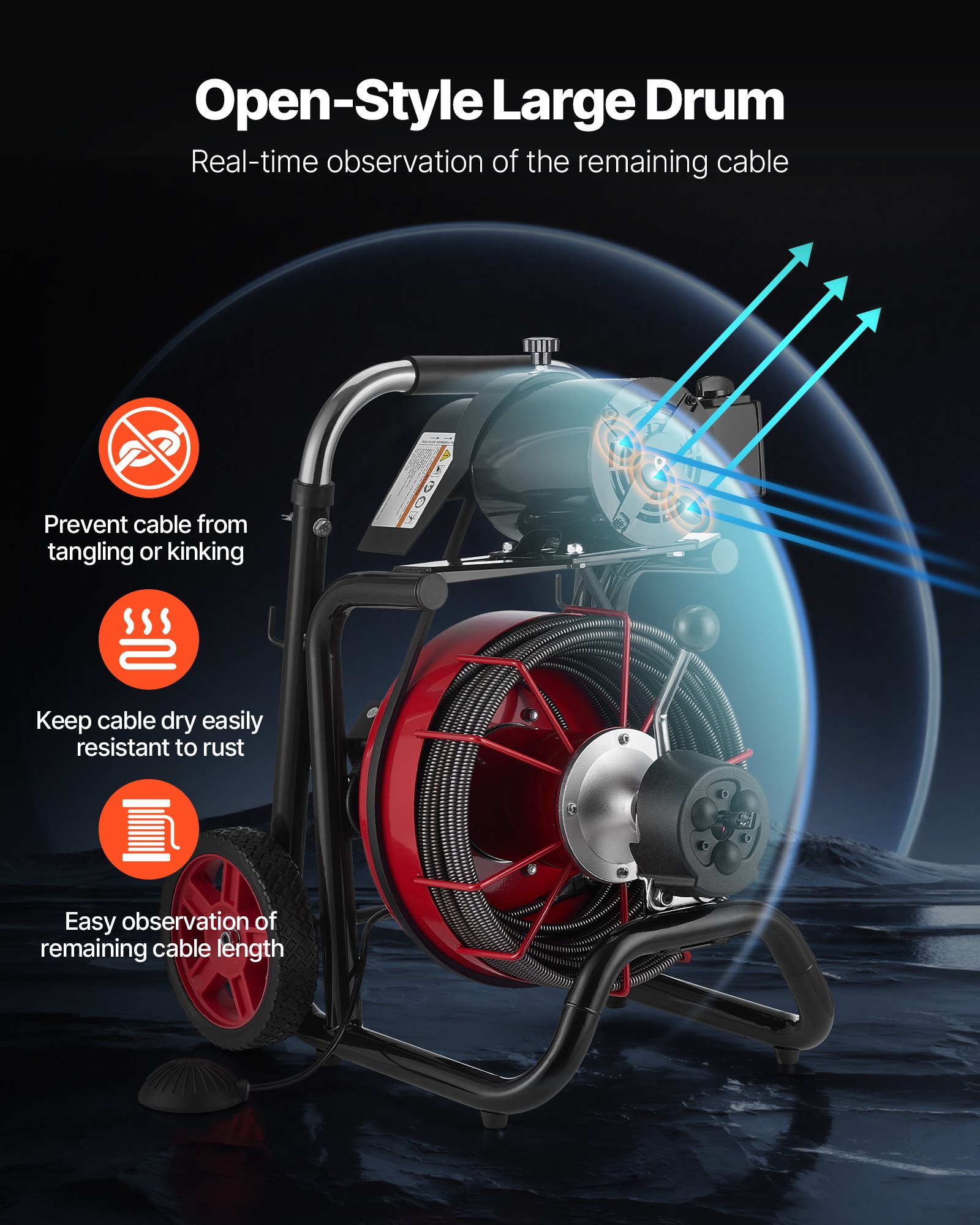 Drain Cleaner Machine 100 FT X 3/8 Inch, Auto Feed Sewer Snake Auger On Wheels - With 8 Cutters & Air-Activated Foot Switch For 2" To 4" Pipes