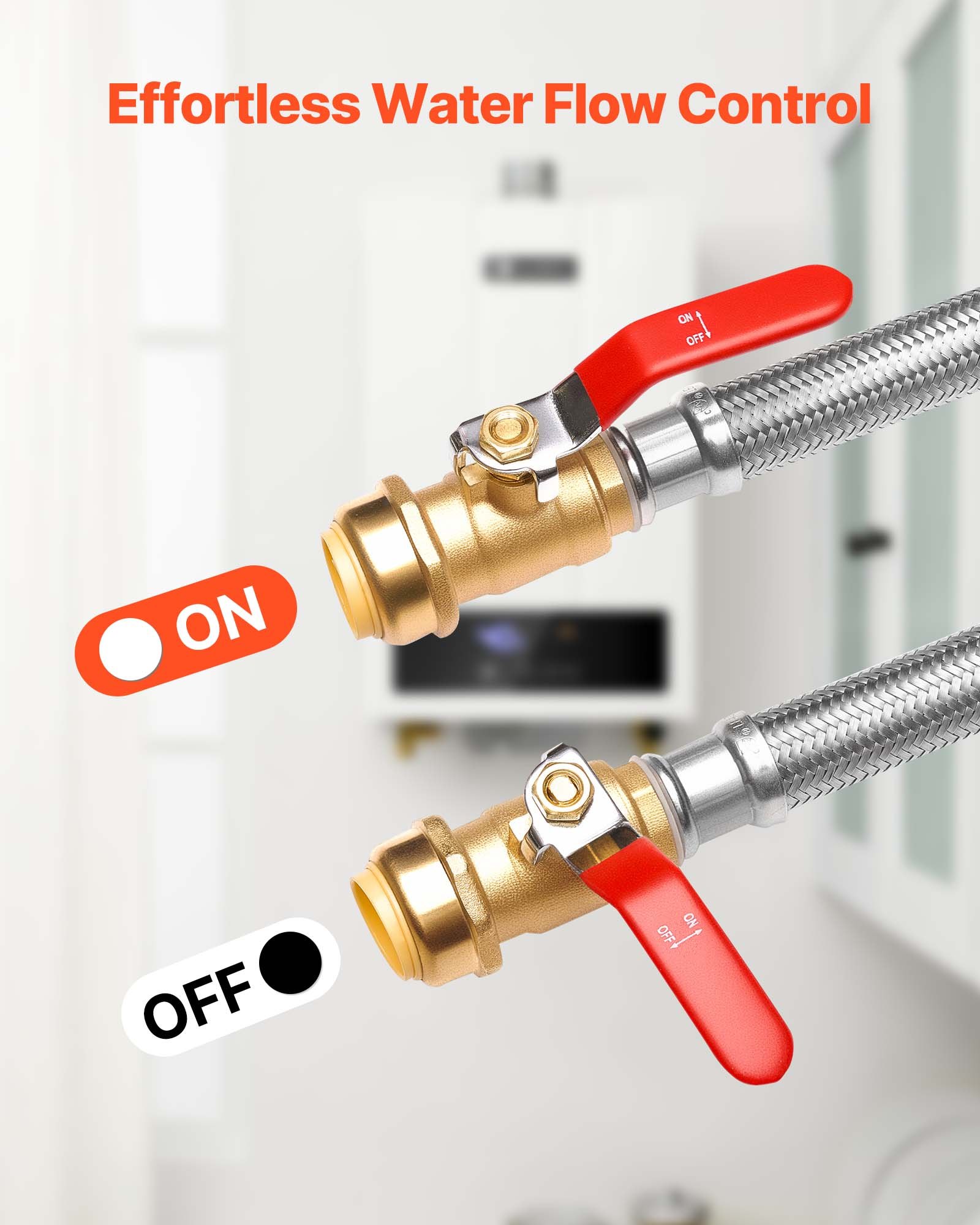 Water Heater Kit, Push-Fit Valve Flexible Water Heater Connector With 3/4" FIP X 3/4" PTC Ball Valve, Stainless Steel Braided Waters Heaters Supply Line For Bathroom, Kitchen, Laundry Room