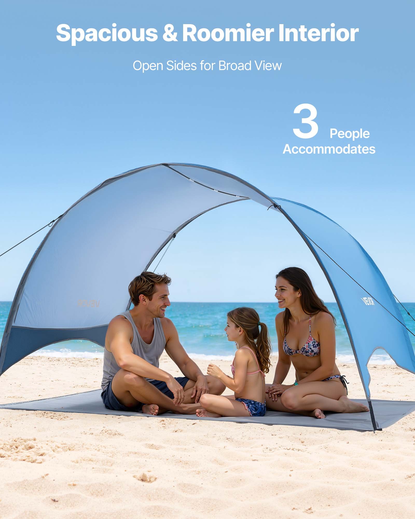 Beach Tent Sun Shelter For 3 Person, UPF 50+ Protection, Portable Sun Shade Canopy With Carrying Bag & Ground Stakes, Lightweight And Easy Setup Beach Umbrella For Camping Fishing Outdoor Picnic