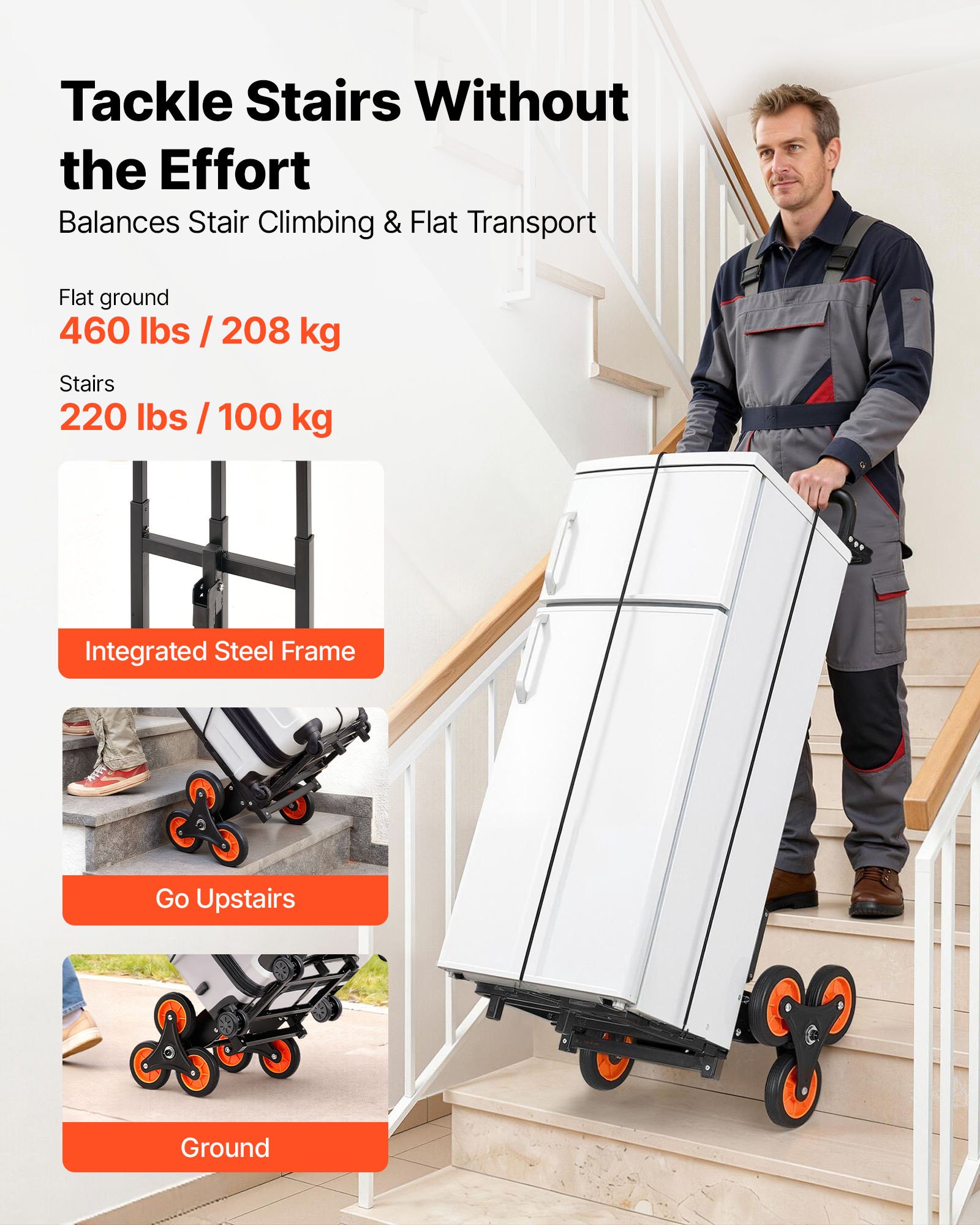 Stair Climbing Cart, 220 Lbs Stair-Climbing Capacity, Heavy-Duty Folding Trolley Cart With Telescoping Handle, 6 Wheels And 2 Bungee Cords, Stair Climber Dolly For Home, Groceries, Warehouse