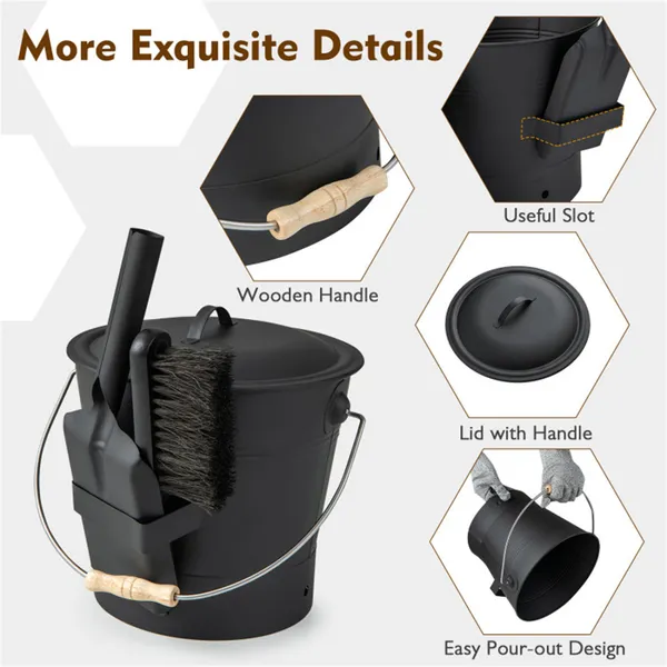 Fireplace Ash Cleaning Set, Ash Bucket + Shovel + Brush + Cut-Resistant Gloves (Level 5), Easy To Clean & Carry