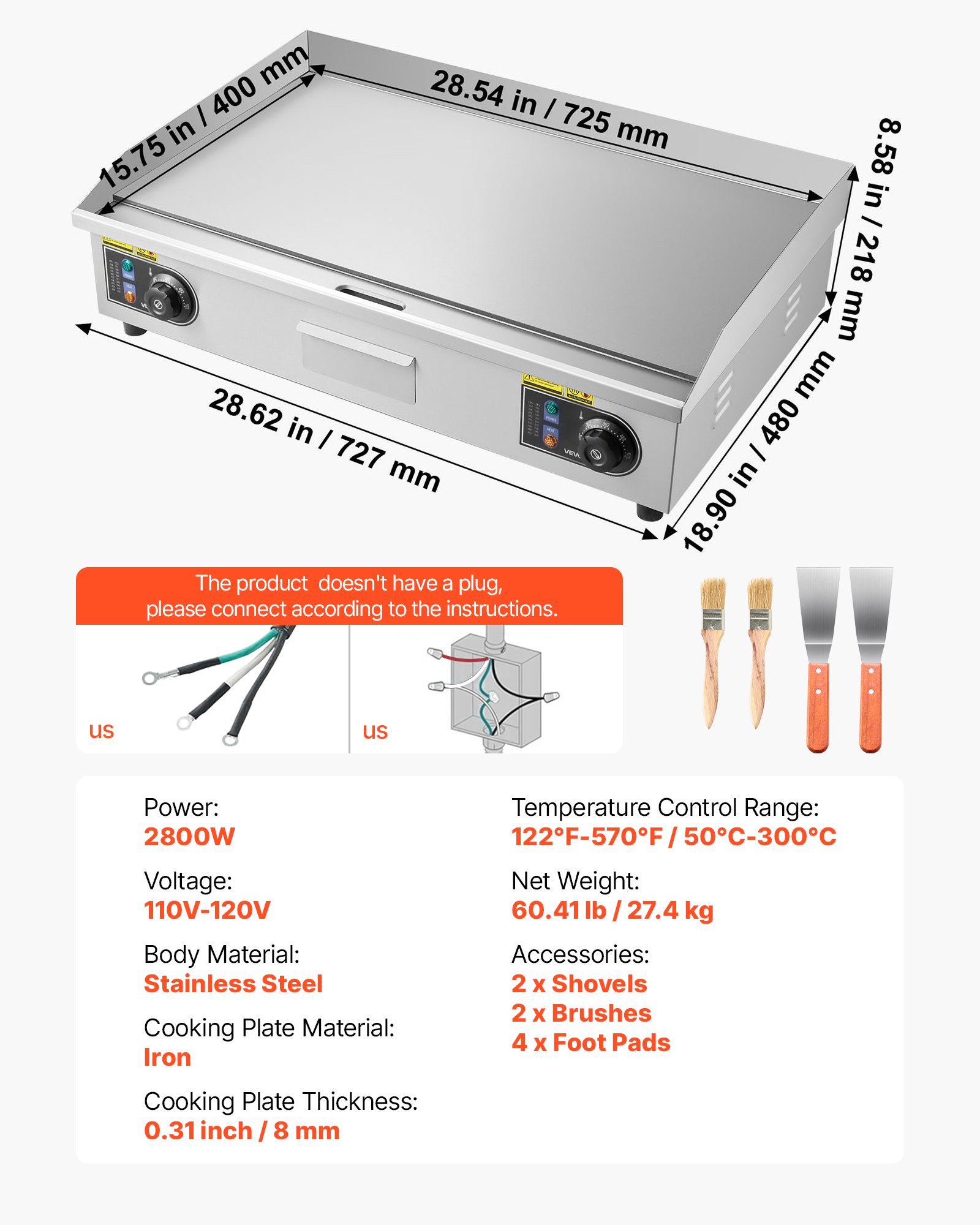 Commercial Electric Griddle, 28.54 X 15.75 In, 2800W, 122-570°F Adjustable Temp Control, Stainless Steel Countertop Flat Top Grill With 2 Spatulas, 2 Brushes, And 4 Foot Pads, For Steak