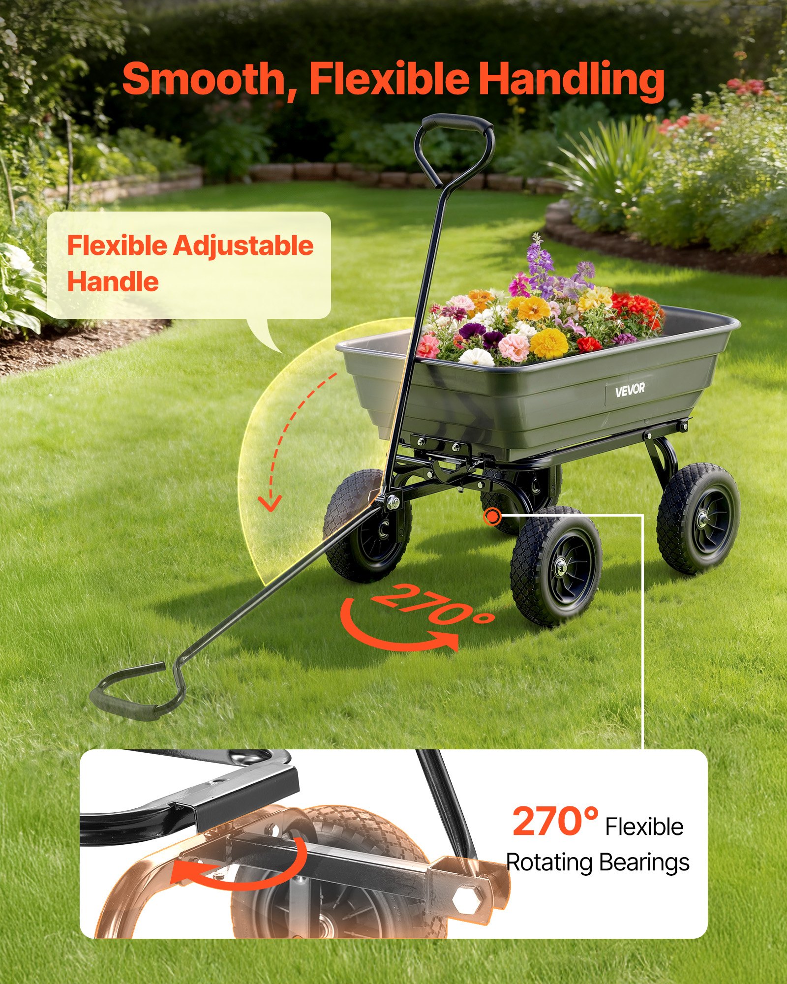 Garden Dump Cart, 600 Lbs Poly Dump Cart, Garden Carts Dumps Wagon With 90° Quick-Dumps Mechanism, 180° Swivel Wheels, 270° Flexible Rotating Bearings, Yard Wagon For Plants, Soil, Crops