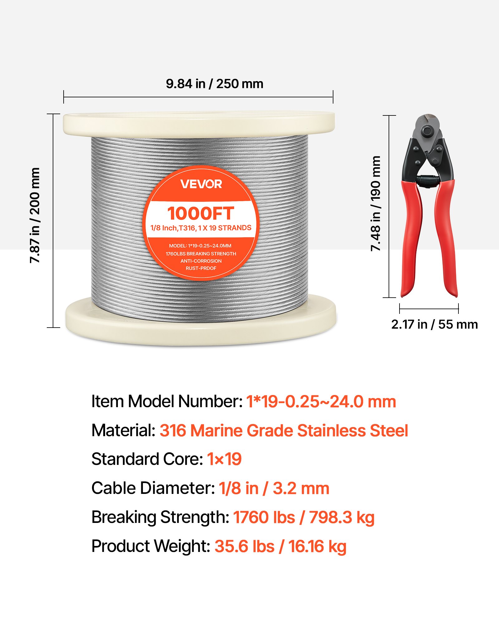 1/8 Inch Wire Rope, 1000 Ft Length, 316 Stainless Steel Wire Cable With Cutter, 1760 Lbs Breaking Strength, 1 X 19 Strands Construction, Steel Cable For Deck Railing System, Garden Trellis