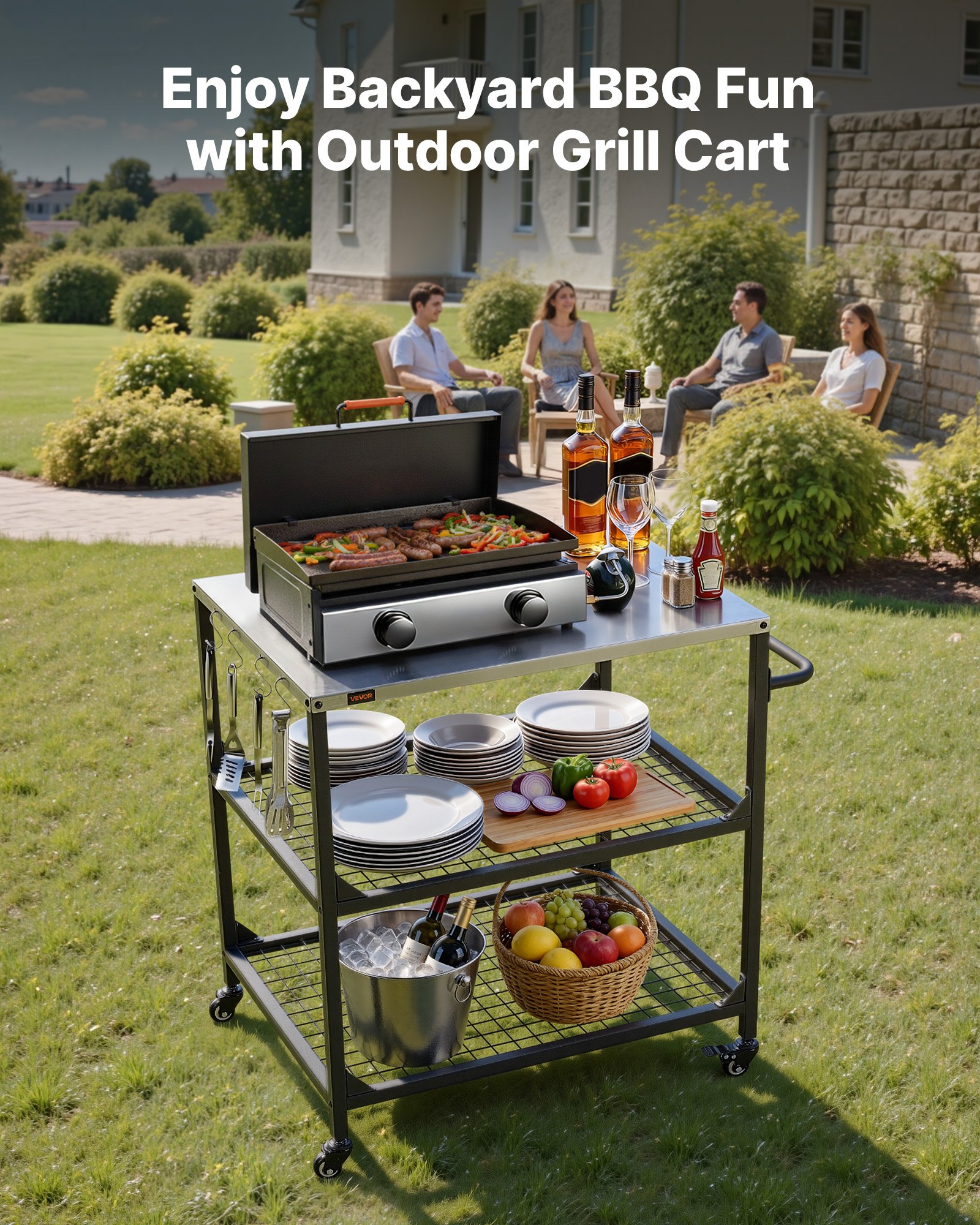 Outdoor Grill Cart, 31.5 X 24.0 Inch Stainless Steel Tabletop Size Grilling Table, Outdoor Cooking Table With 4 Wheels & Side Handle, Two Mesh Shelves, BBQ Prep Tables For Patio, Garden