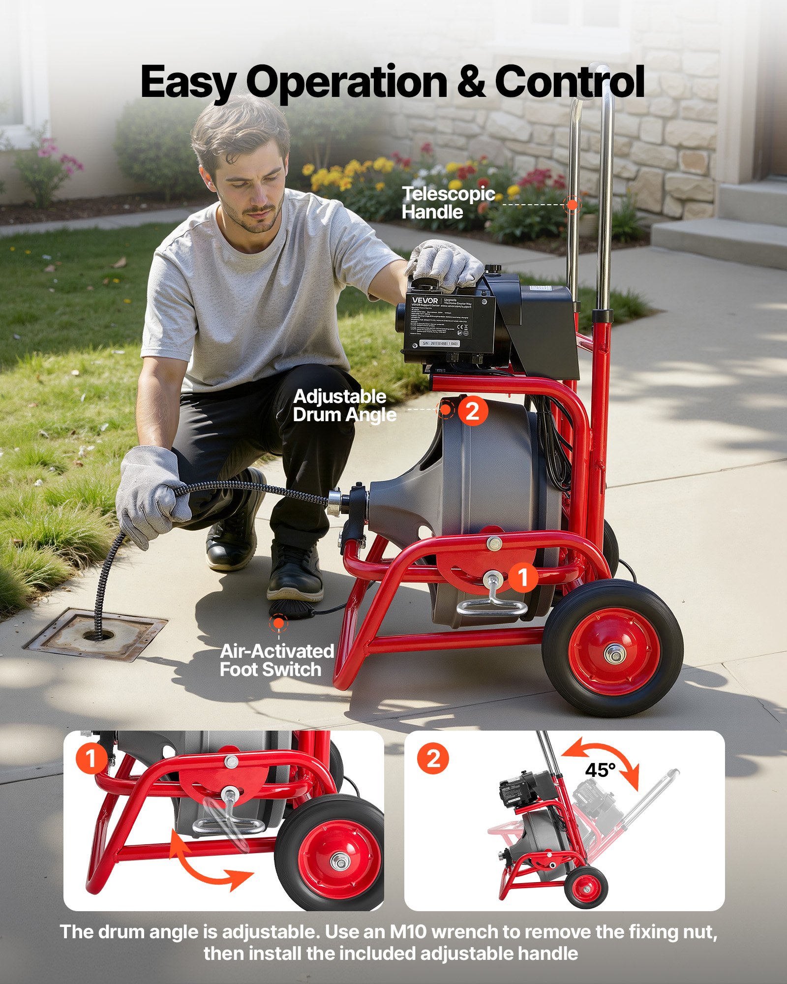 Drain Cleaner Machine 75 FT X 1/2 Inch, Sewer Snake Auger On Wheels, Manual Feed Drain Cleaning Machine With Adjustable Drum Angle, 6 Cutters & Air-activated Foot Switch For 2" To 6" Pipes