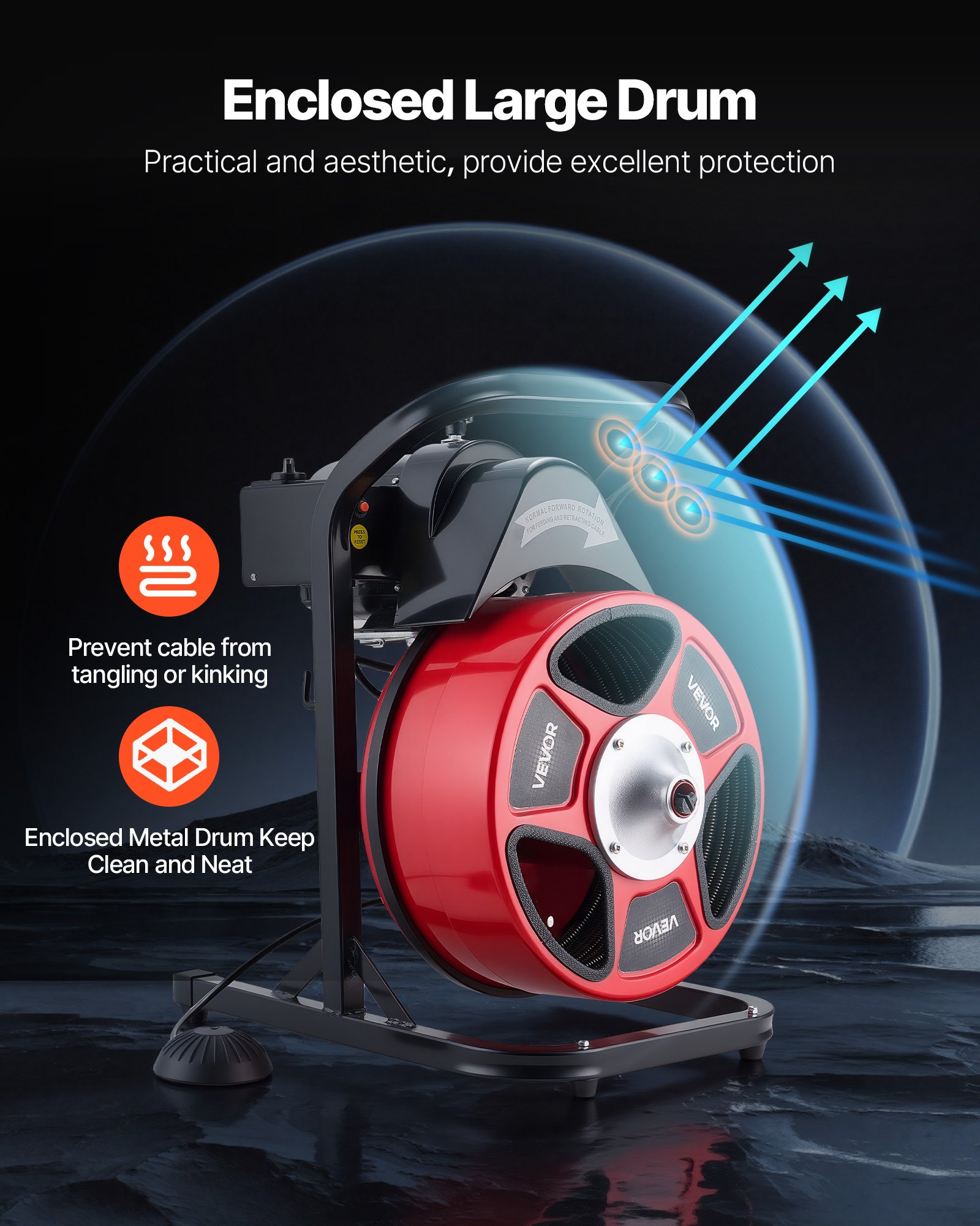 Drain Cleaner Machine 50 FT X 1/2 Inch, Manual Feed Sewer Snake Auger With 4 Cutters & Air-Activated Foot Switch For 2" To 6" Pipes