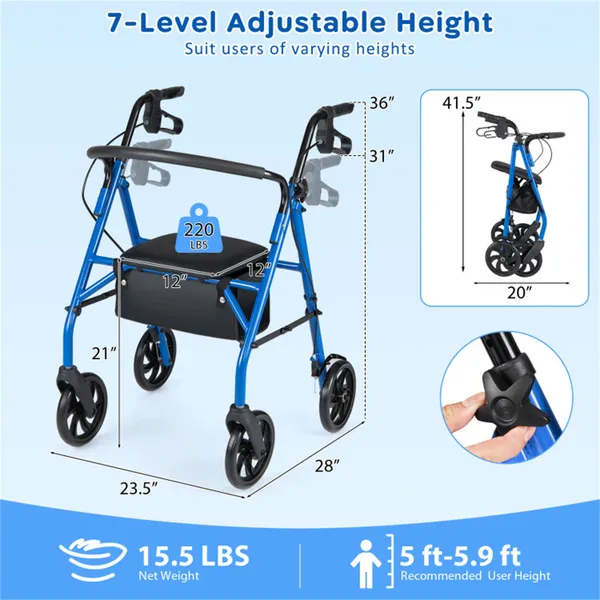 2-in-1 Rollator Walker With Seat (Blue), 8-Inch Large Wheels & Versatile Braking System, Adjustable Height