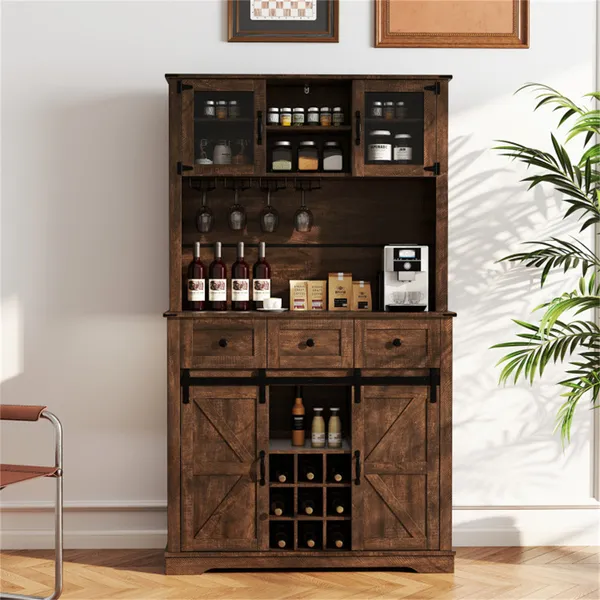 Brown Farmhouse 72" Pantry Cabinet With Hutch, Sliding Barn Doors & Wine Storage Rack