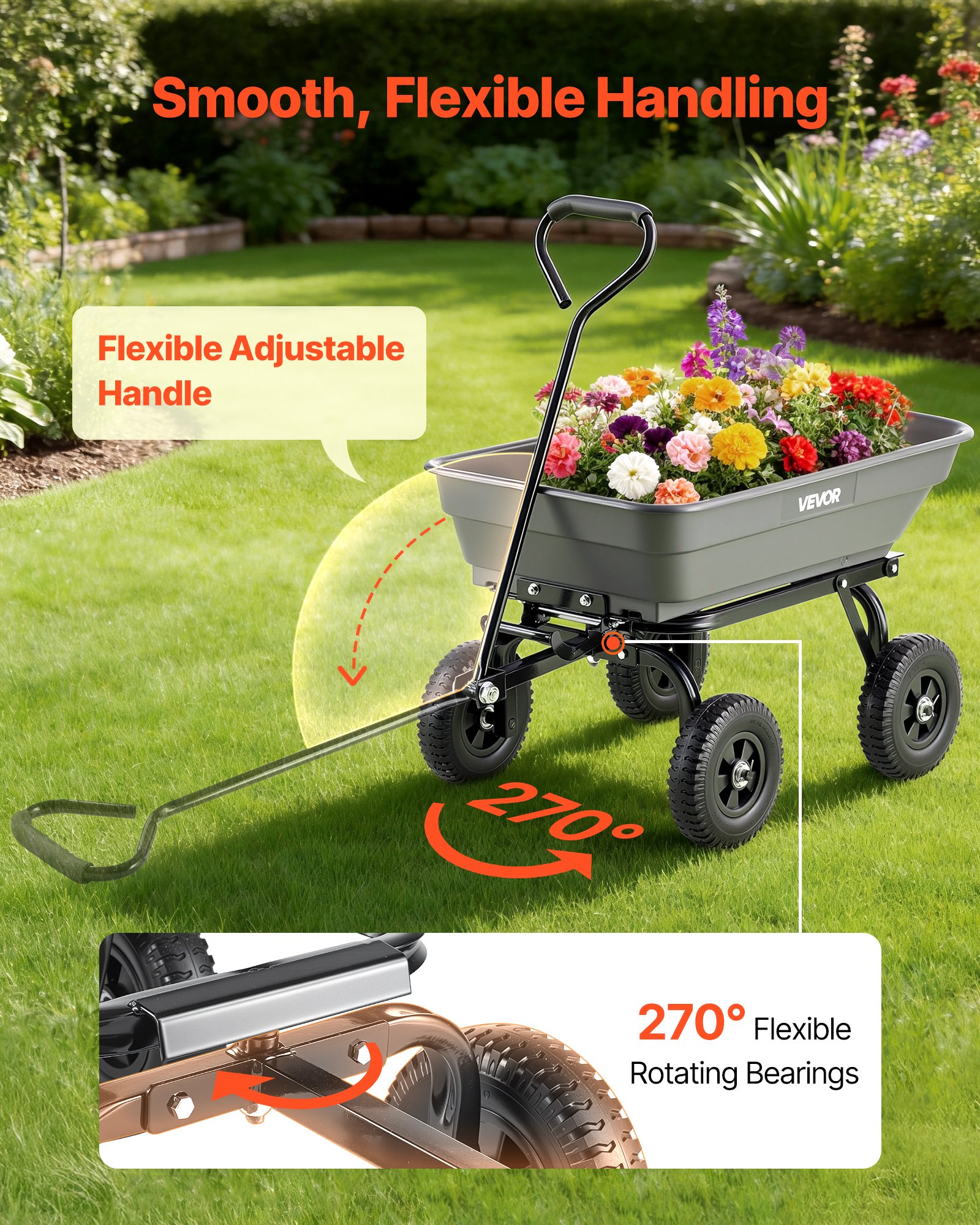 Garden Dump Cart, 400 Lbs Poly Dump Cart, Garden Carts Dumps Wagon With 90° Quick-Dumps Mechanism, 180° Swivel Wheels, 270° Flexible Rotating Bearings, Yard Wagon For Plants, Soil, Crops