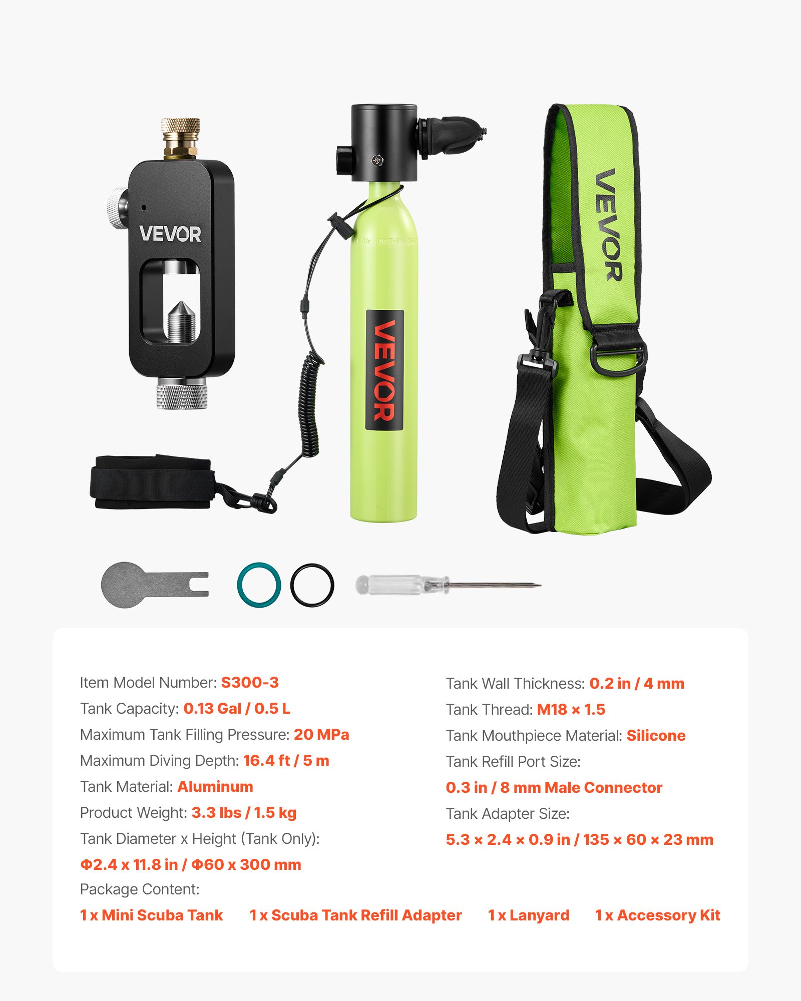 Mini Scuba Tank, 0.5L Portable Diving Tank For Underwater Breathing, Reusable Lung Diving Cylinder Up To 10 Minutes Dive Time, Emergency Rescue Pony Bottle With Refill Adapter For Snorkeling