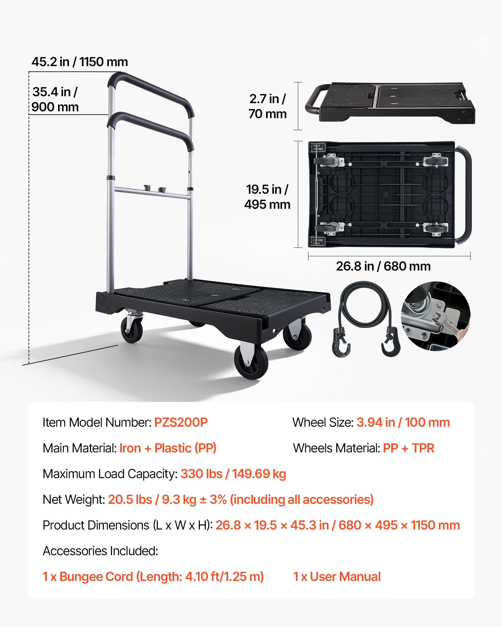 Foldable Push Cart Dolly, 330 Lbs Capacity, Folding Platform Truck With Swivel Wheels, Moving Platform Hand Truck Flatbed Cart, Adjustable Push Handle, For Easy Storage, 26.8 X 19.5 X 4.5 In