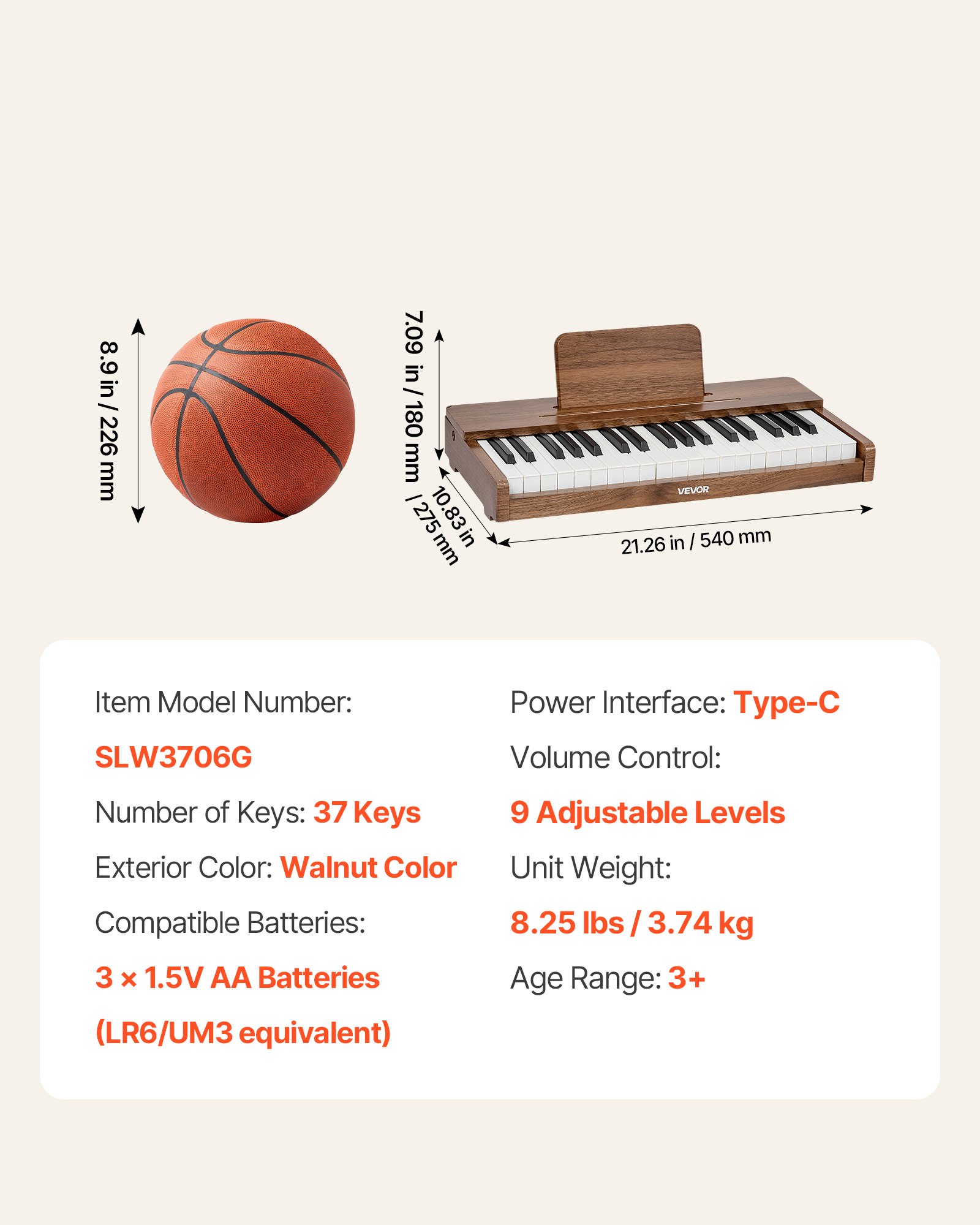Kids Piano Keyboard, 37 Keys Wooden Digital Piano For Kids, Mini Music Educational Instrument Toy With Realistic Sound, Dual Power, Adjustable Volume For Toddlers, Boys Girls Learning,Walnut