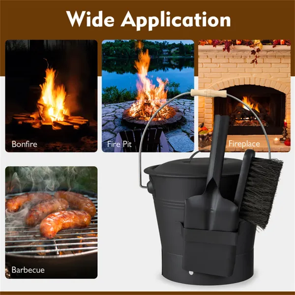 Fireplace Ash Cleaning Set, Ash Bucket + Shovel + Brush + Cut-Resistant Gloves (Level 5), Easy To Clean & Carry