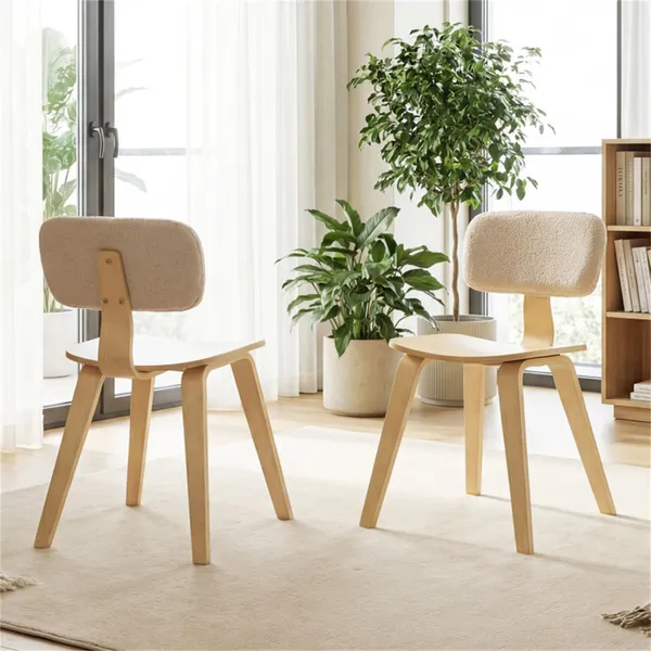 Set Of 2 Dining Chair Set (Beige & Natural), Teddy Velvet Upholstery & Plush Padded Design 2