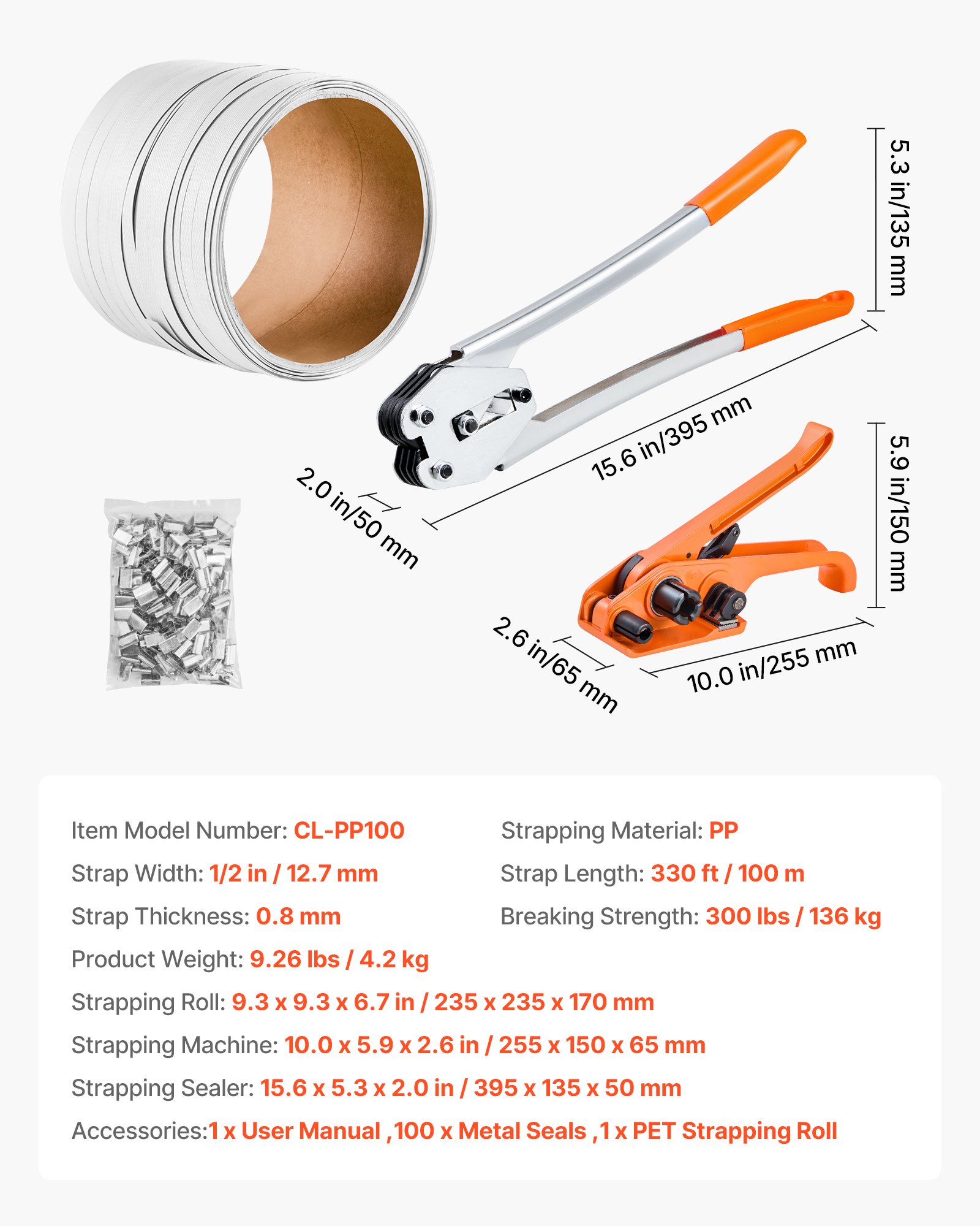 Banding Strapping Kit, Heavy Duty Banding Sealer Tool With 330 Ft Length PP Band, 100 Metal Seals, Plastic Manual Pallet Packaging Strapping Kit For Warehouse/Shipping/Moving/Home, Orange