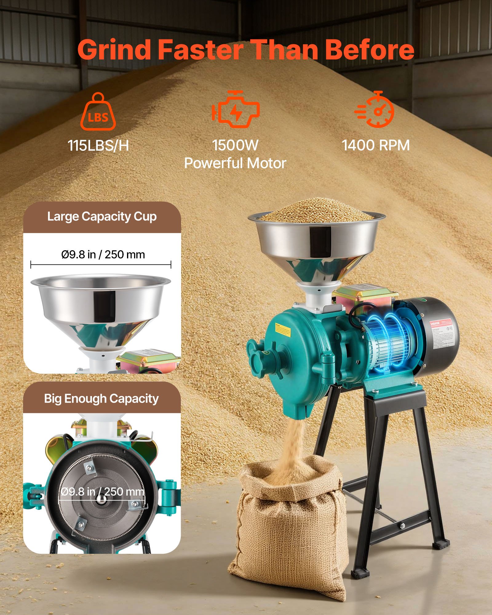 Electric Grain Mill Grinder, 110 Lbs/H Commercial Spice Grinders, 1500W Cast Iron Pulverizer Powder Machine With Non-Slip Rubber Feet, For Dry Grains, Spices, Cereals, Coffee, Corn & Pepper