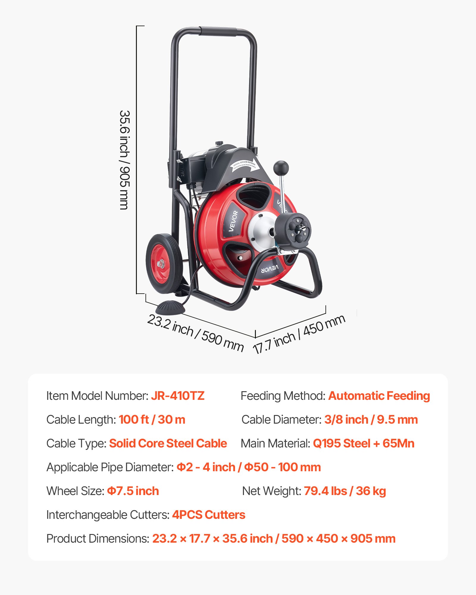 Drain Cleaner Machine 100 FT X 3/8 Inch, Auto Feed Sewer Snake Auger On Wheels, Portable Drain Cleaning Machine With 4 Cutters & Air-activated Foot Switch For 2" To 4" Pipes