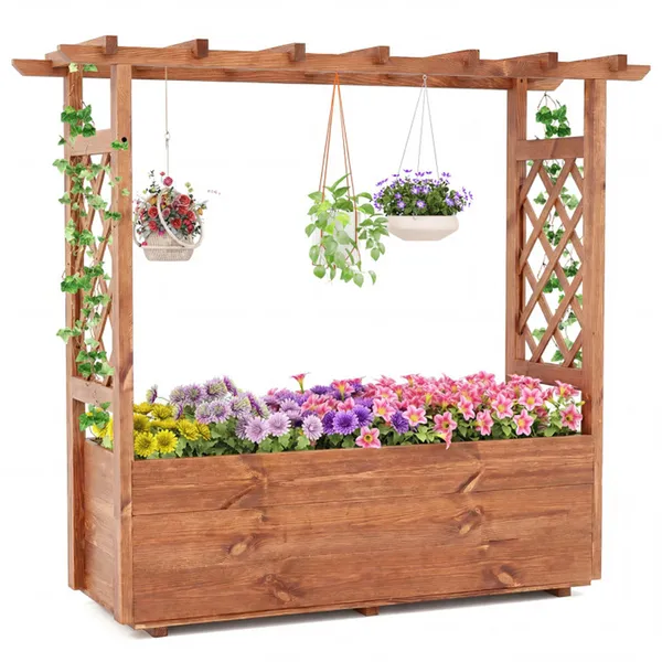 Natural Pine Wood Raised Garden Bed, 100% Solid Pine Construction & Hanging Roof Design