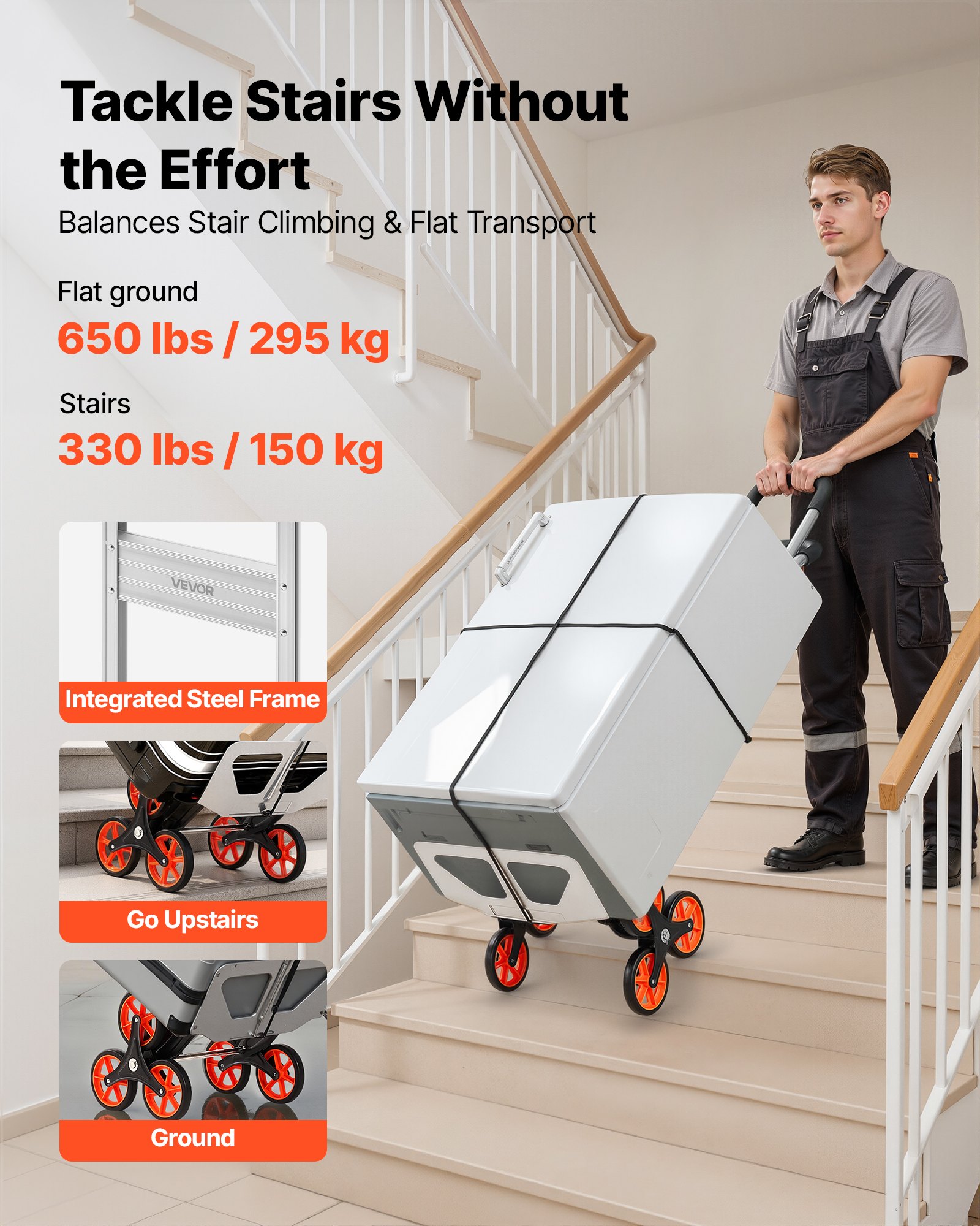 Stair Climbing Cart, 330 Lbs Stair-Climb Capacity, Aluminum Alloy Folding Trolley Cart With Telescoping Handle, 6 Wheels And 2 Bungee Cords, Stair Climber Dolly For Home, Groceries, Warehouse