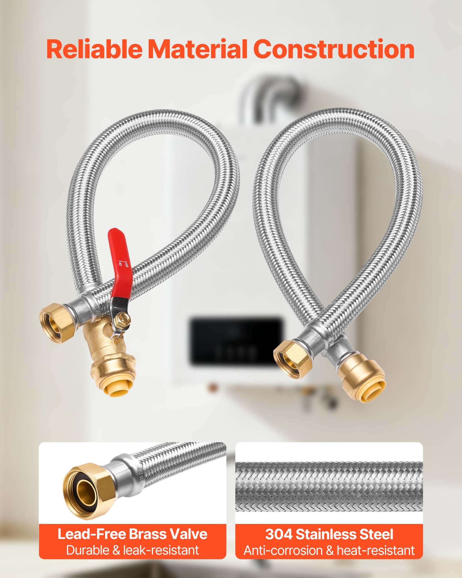 Water Heater Kit, Push-Fit Valve Flexible Water Heater Connector With 3/4" FIP X 3/4" PTC Ball Valve, Stainless Steel Braided Waters Heaters Supply Line For Bathroom, Kitchen, Laundry Room