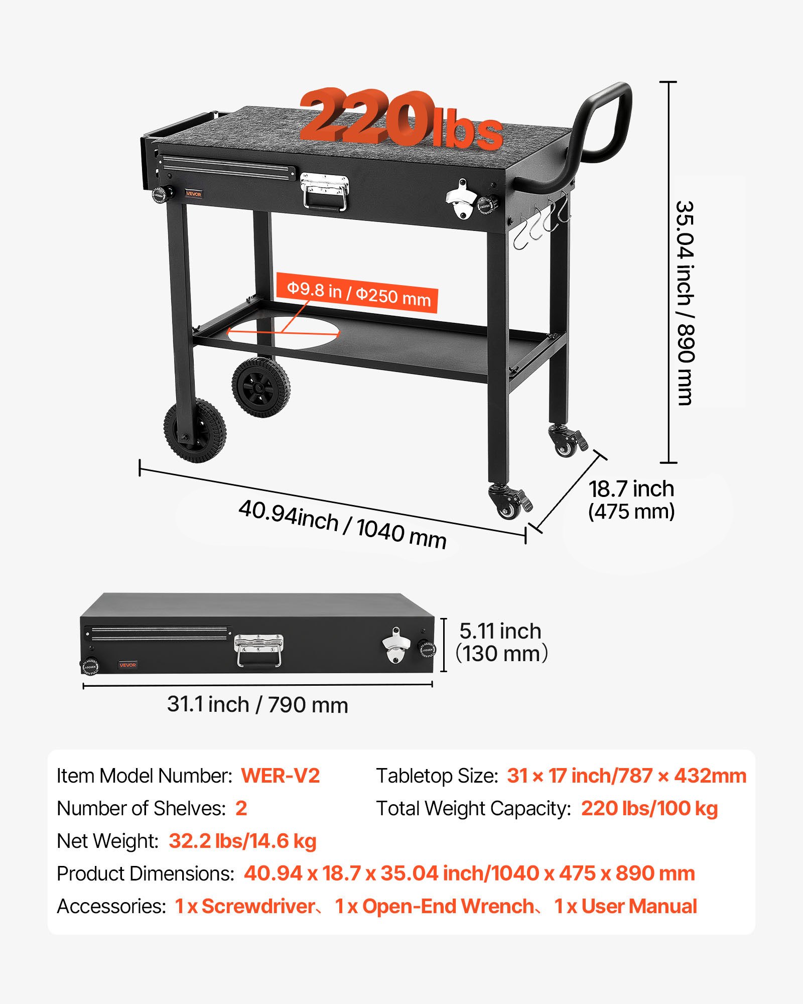 Outdoor Grill Cart, 31.0 X 17.0 Inch Tabletop Size Grilling Table, Foldable Outdoor Cooking Table With Tissue Holder, Wheels, Magnetic Tool Rack, BBQ Prep Tables For Picnic, Kitchen, Courtyard