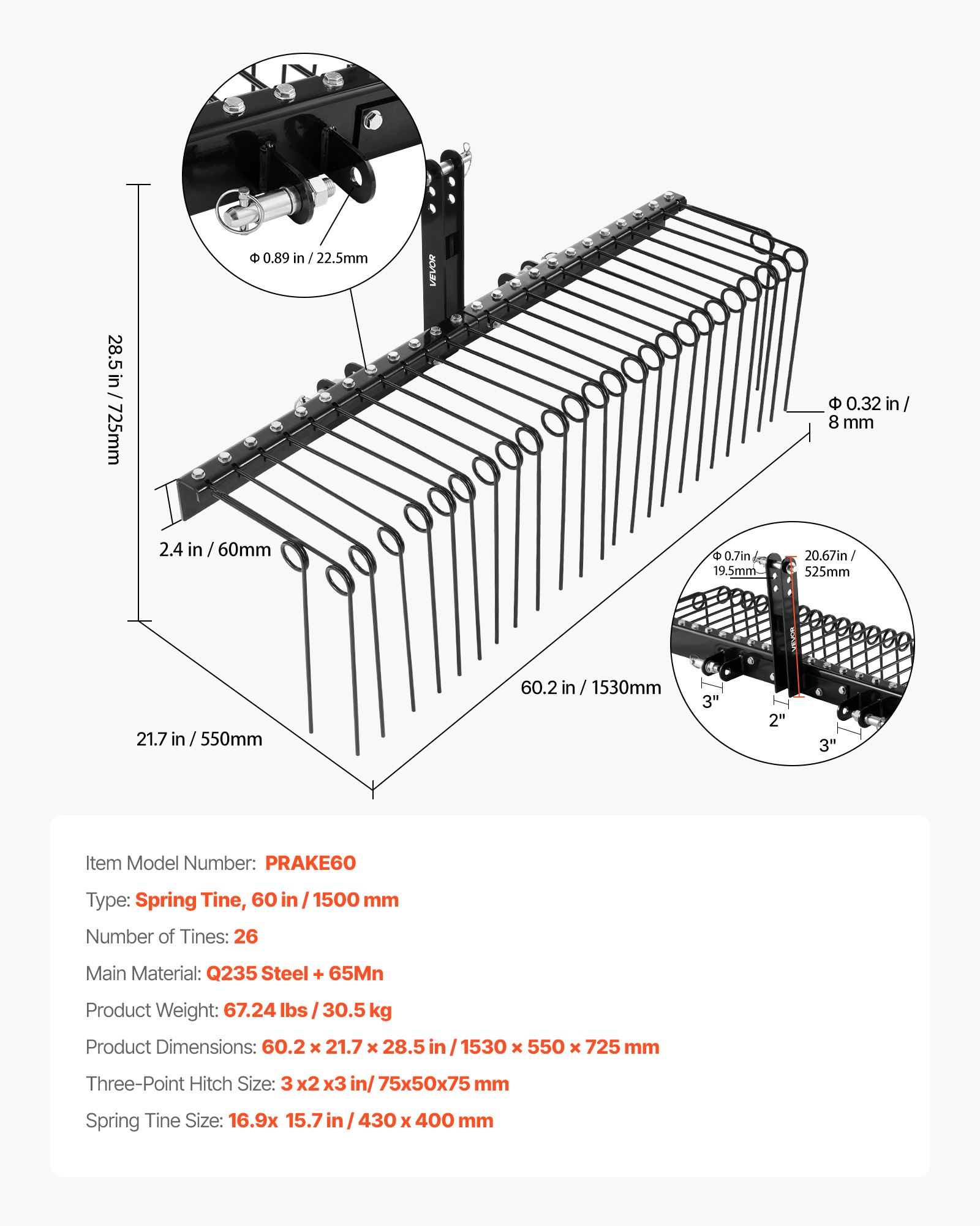 60 In Tow Behind Landscape Rake, 3 Point Hitch Lawn Dethatcher Rake, 26 Spring Steel Tines, For Category 1 Tractors, Heavy Duty & Rust-Resistant Rakes Tractor Attachments For Leaves Pine Needles
