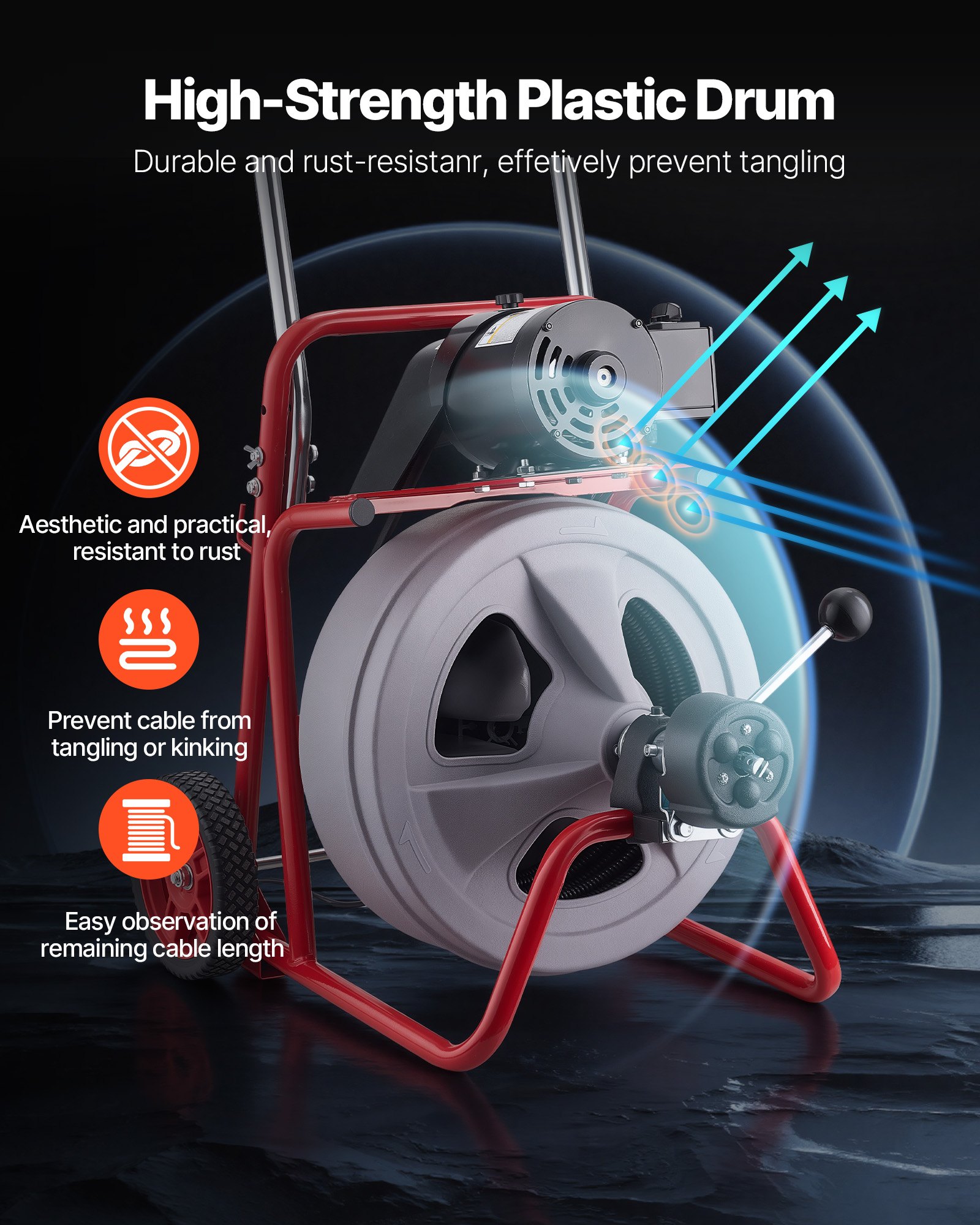 Drain Cleaner Machine 75 FT X 1/2 Inch, Auto Feed Sewer Snake Drain Auger On Wheels, Portable Drain Cleaning Machine With 8 Cutters & Air-Activated Foot Switch For 2" To 6" Pipes