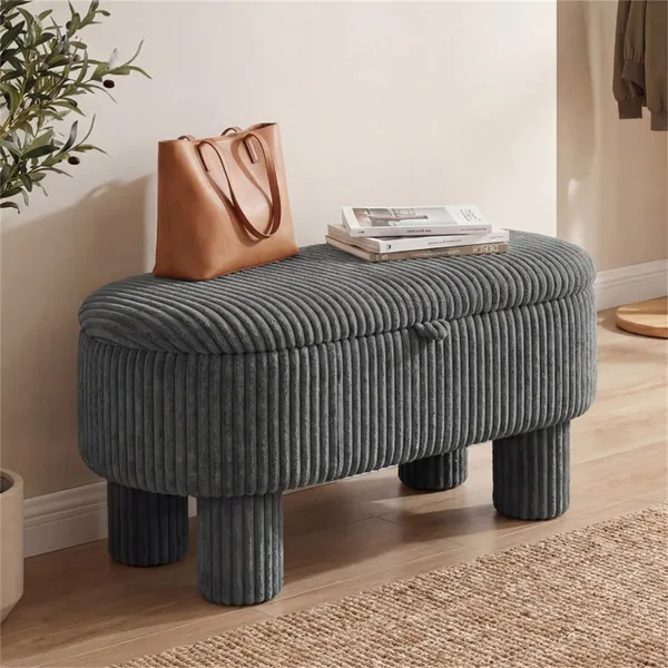 Gray 42 Inch Corduroy Storage Bench, Plush Foam Cushion & Hidden Compartment, 400LBS Seat Weight Capacity