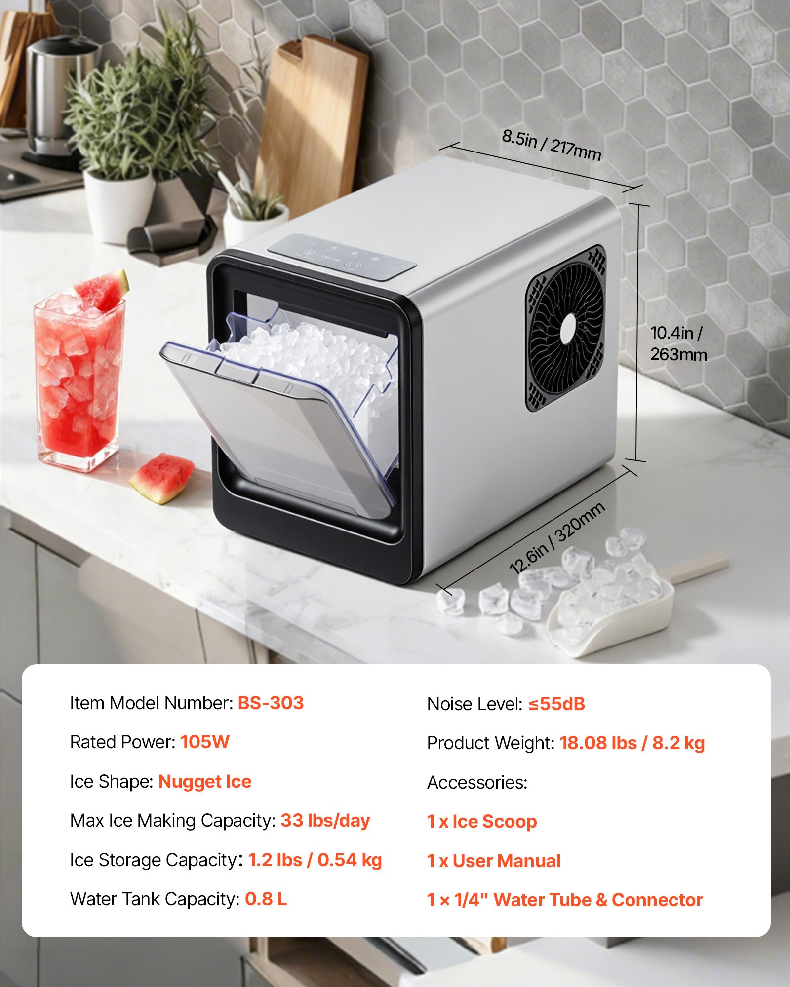 Countertop Ice Maker, 33 Lbs Per Day, Self-Cleaning Portable Machine With Scoop, Drawer-Style Ice Access, Nugget Ice-Making Machine With Chewable Ices For Home, Kitchen, Office, Bar & Party