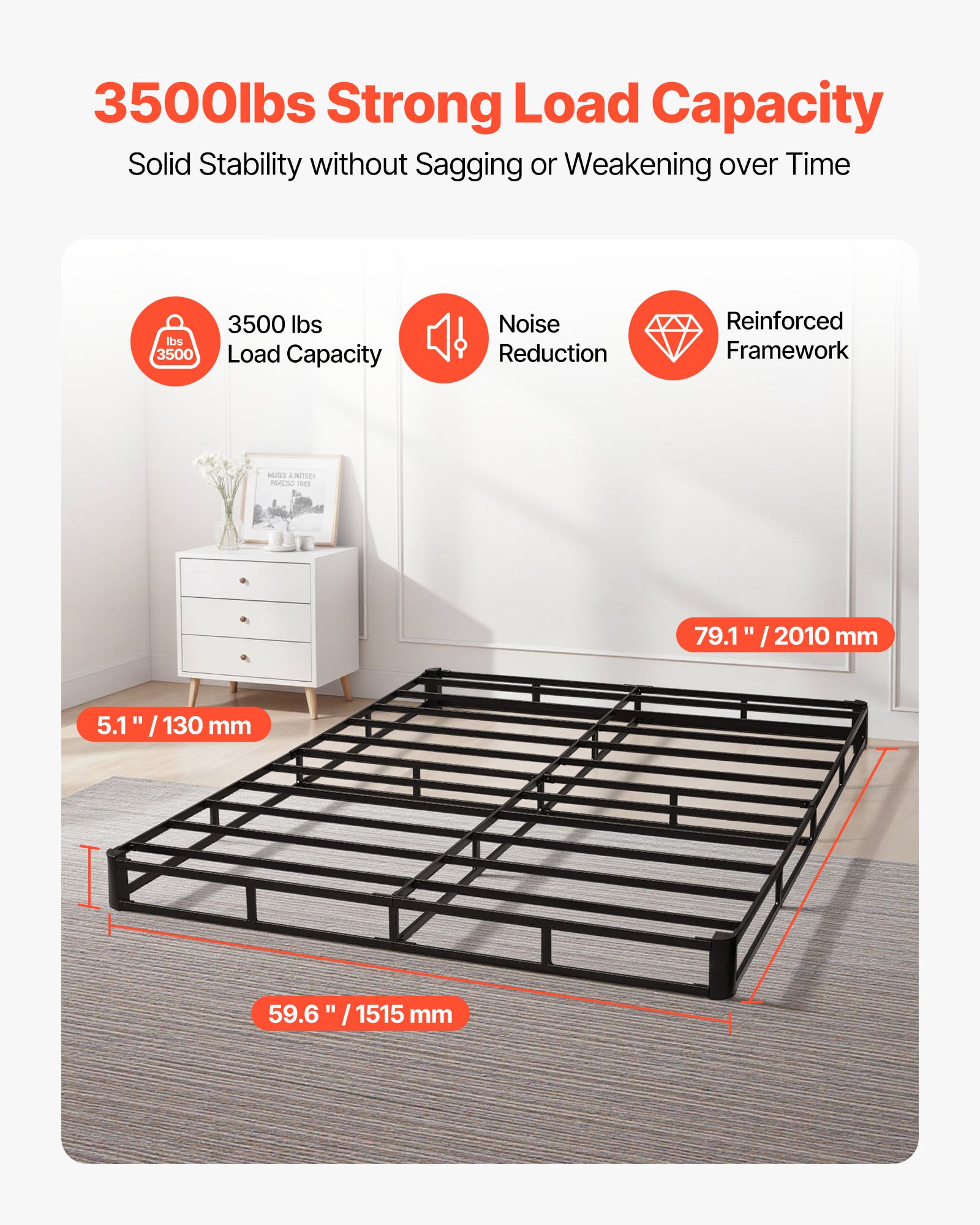 Box Spring, Queen Size Bed Frame With Washable Fabric Cloth, Heavy Duty Metal Frame For Queen Bed, 5.1 In Mattress Foundation, 3500 Lbs Max Weight Capacity, Easy Assembly, 79.1 X 59.6 X 5.1 In