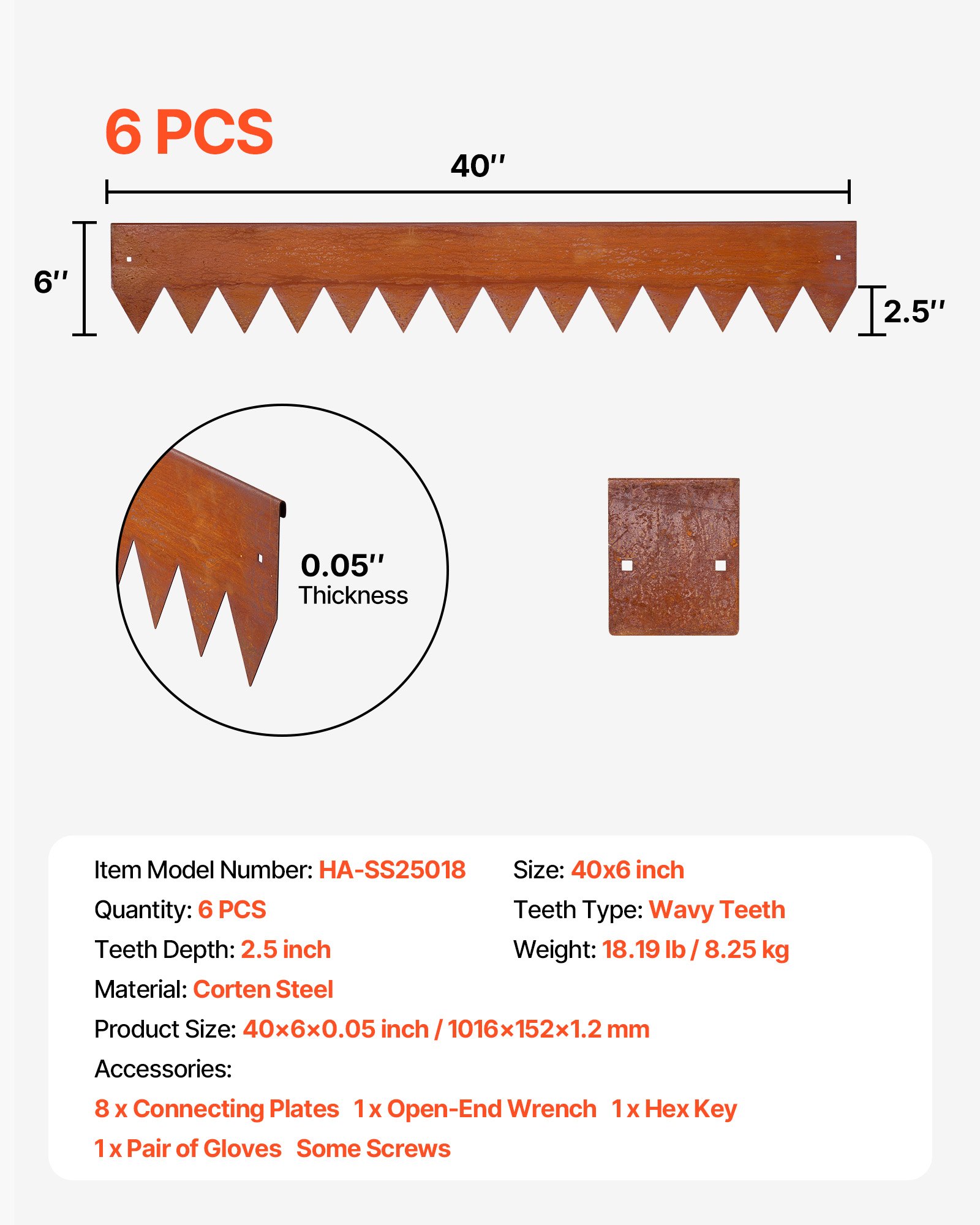 Corten Steel Landscape Edging, 6-Pack 40 X 6 Inch Metal Edging For Landscaping With 8 Connecting Plates, Bendable Metal Garden Edge Border For Flower Bed, Yard Pathway, Rust