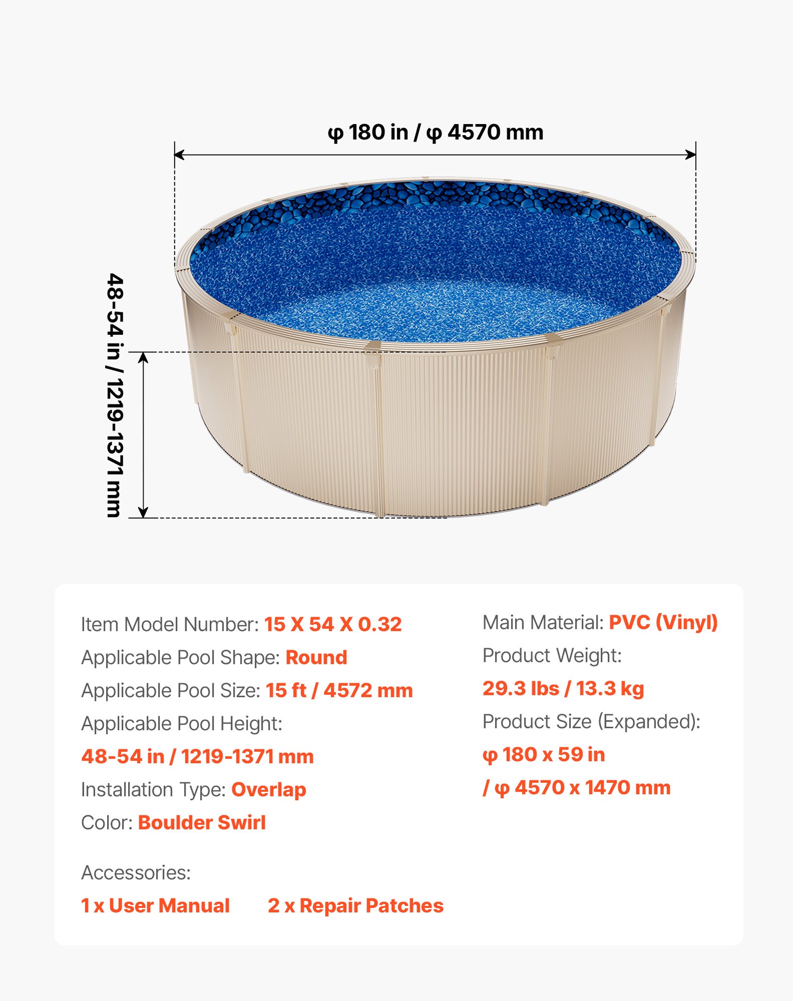 15ft Pool Liner, Round Overlap Swimming Pool Liner For 54 In Wall Height, Premium Vinyl, Easy Install With Leak-Proof Patches, Designed For Steel Sided Above-Ground,Outdoor, Boulder Swirl