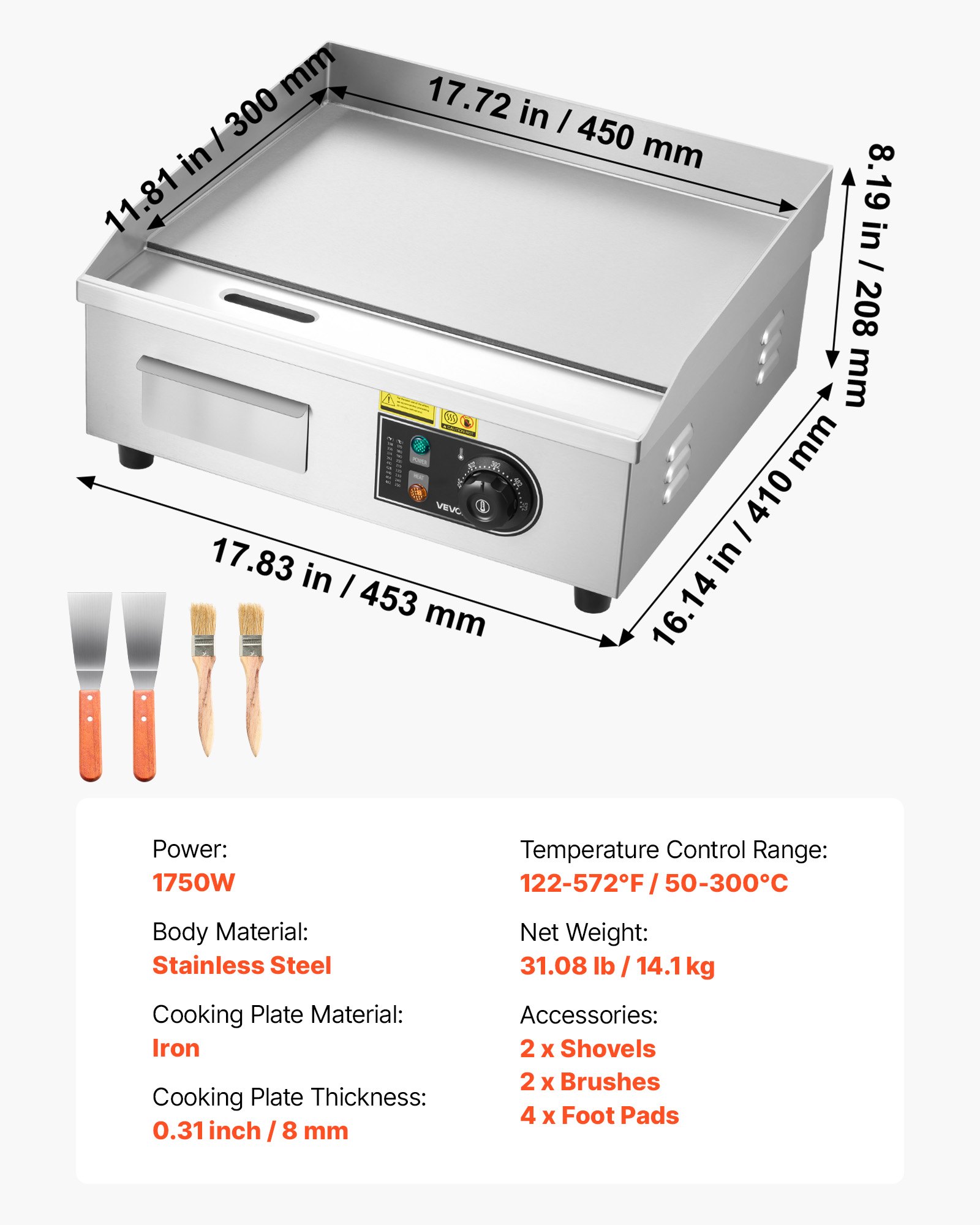 Commercial Electric Griddle, 17.72 X 11.81 Inch, 1750W, Adjustable Temp Control, Stainless Steel Countertop Flat Top Grill With 2 Spatulas, 2 Brushes, And 4 Foot Pads, For Steak