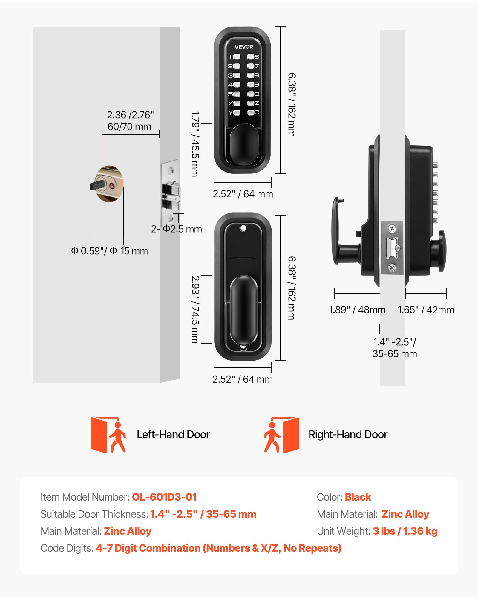 Mechanical Keyless Entry Door Lock, 2.0 Code Upgrade, 4-7 Digits Code, Single-Sided Push Button Combination Mechanical Keypad Door Knob, Auto Locking, For Garden Gates, Indoor Or Outdoor, Black