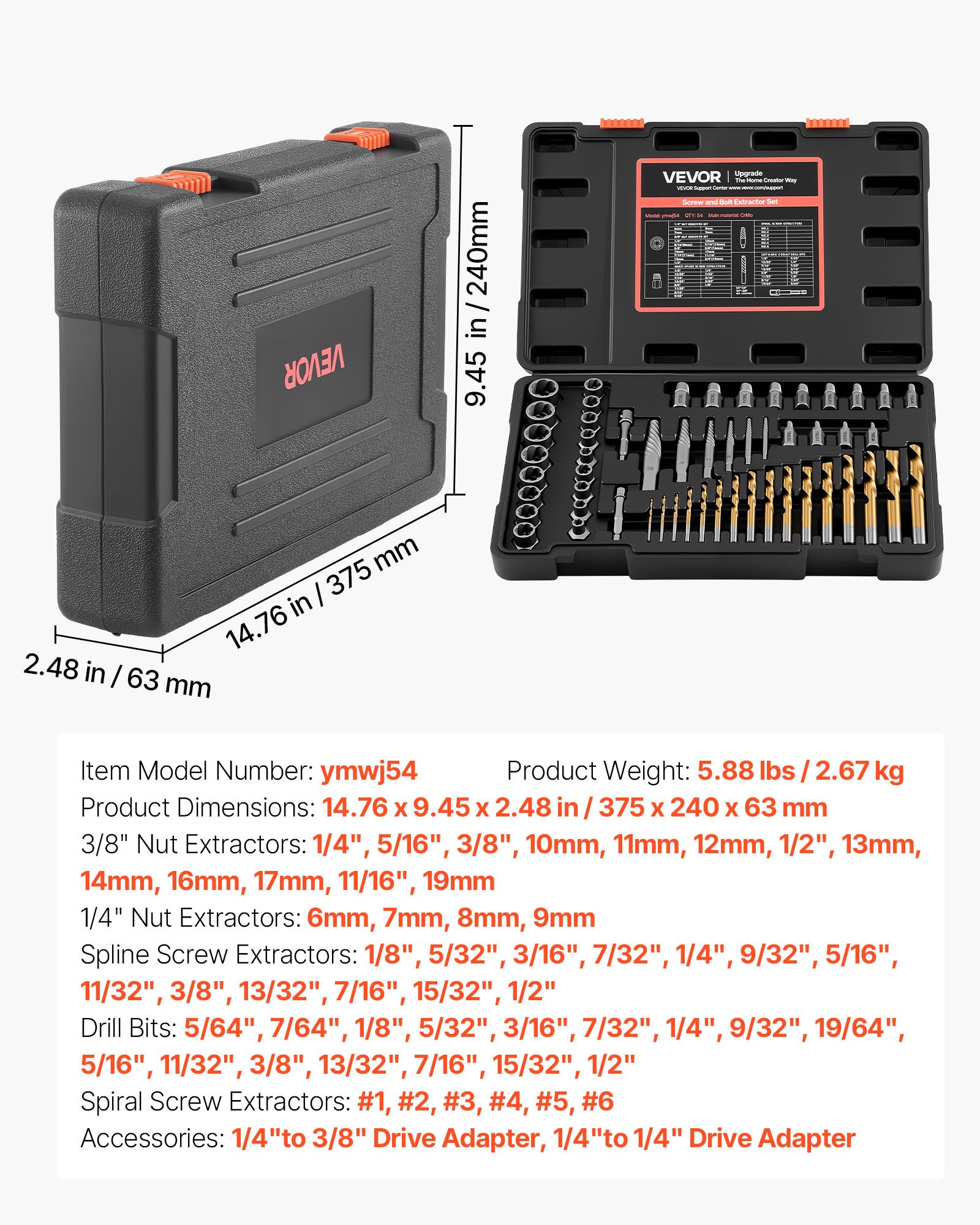 Screw Extractor Set With Drill Bits, 54 Pieces, Easy Out Nut Bolt Extractors And Drill Bits, With Adapters, Solid Storage Case, Cr-Mo Steel For Removing Rounded, Broken, Or Stripped Fasteners