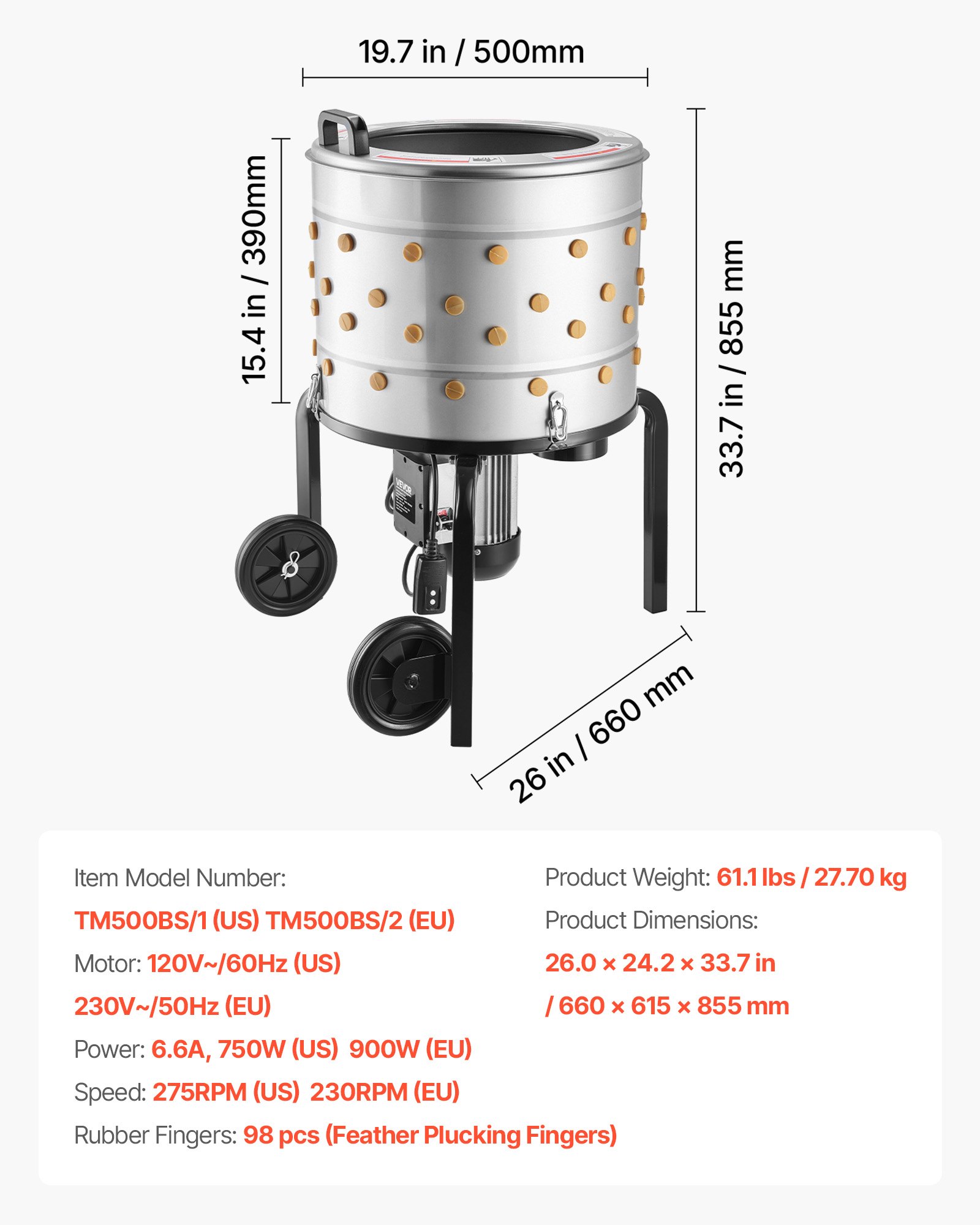 Chicken Plucker Machine, 19.7 In Drum, 750W & 275RPM Electric Chicken Plucking Machine With 98 Soft Fingers & Transport Wheels, Stainless Steel Feather Remover For Processing 2 Chicks Once