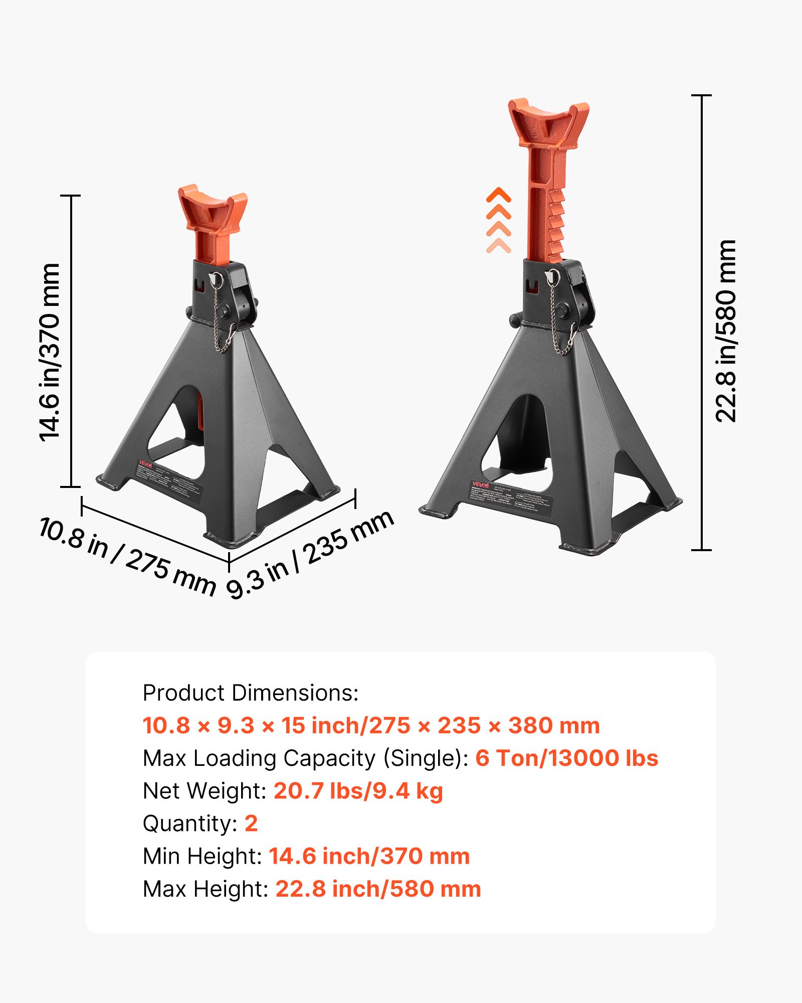 Jack Stands, 6 Ton (13,000 Lbs) Capacity, 14.6-22.8 In Adjustable Height, Heavy Duty Steel Jack Auto Stands With Double Locking, For Lifting RV, Small Truck, Car, SUV, 1 Pair, Black And Orange
