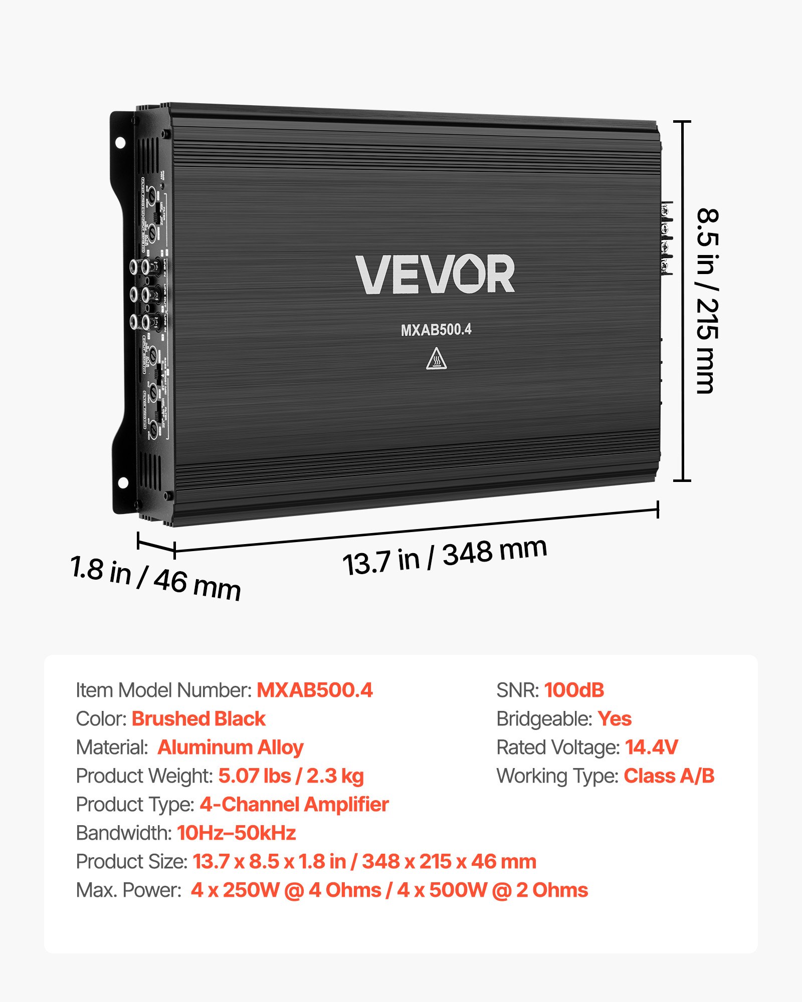 4 Channel Car Audio Amplifier 2 Ohm Stable Bridgeable Class A/B Full Range Amp Max Power 4 X 250W @ 4 Ohm / 4 X 500W @ 2 Ohm For Car SUV Truck Off-Road