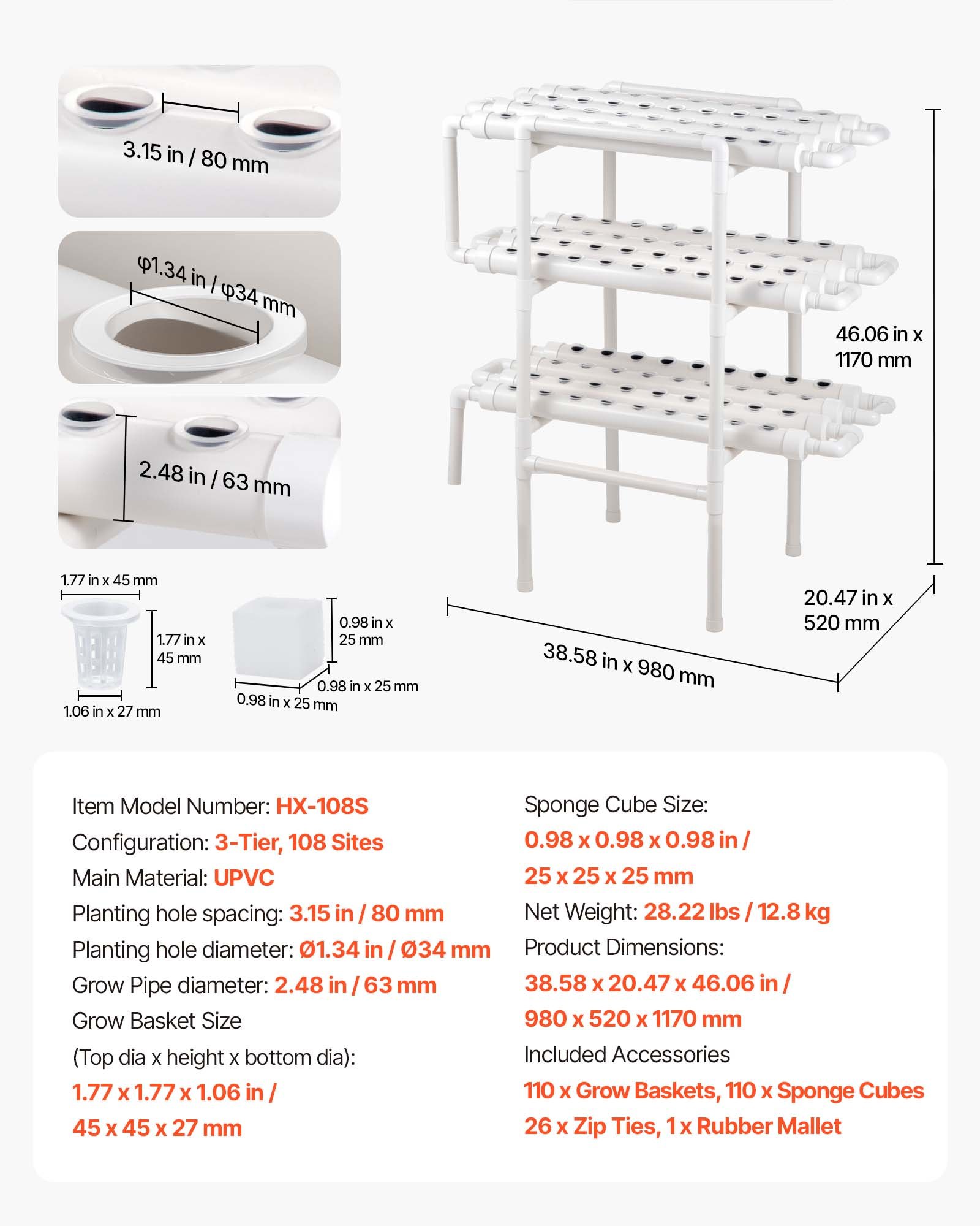 Hydroponics Growing System Kit, 3-Tier 108 Sites UPVC Pipe Hydroponic Grow Kit With Timed Irrigation, Sun & Light Blocking Pipes, Indoor Home Garden Vegetable Planting Grow Kits For Fruit Herb