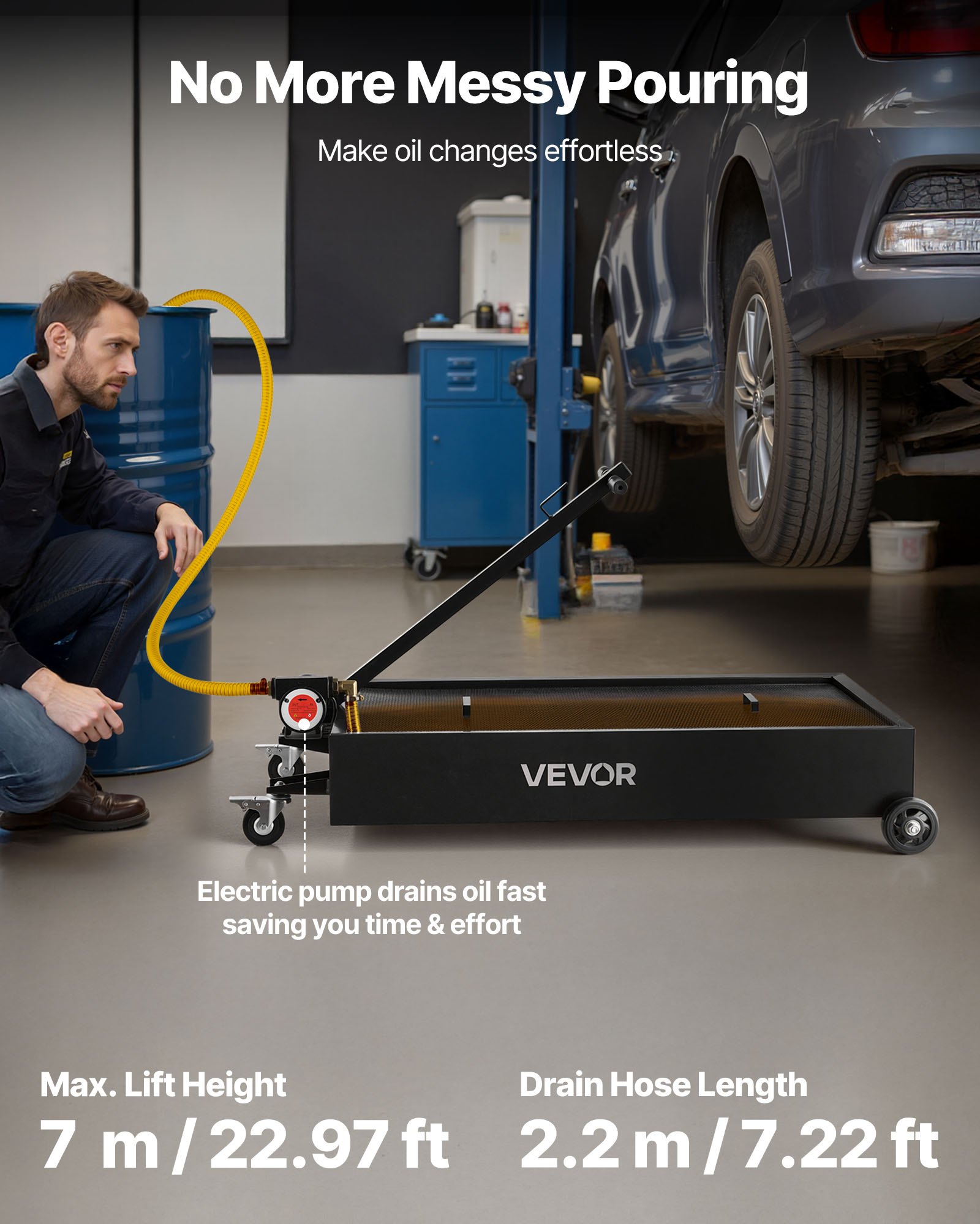 Low Profile Oil Drain Pan, 20 Gallon Capacity, Rolling Oil Drain Pan With Electric Pump & 7.2 Ft Hose, Leak-proof & Corrosion-resistant, Fit For Cars, SUVs, Trucks, Motorcycles, ATVs, Metal