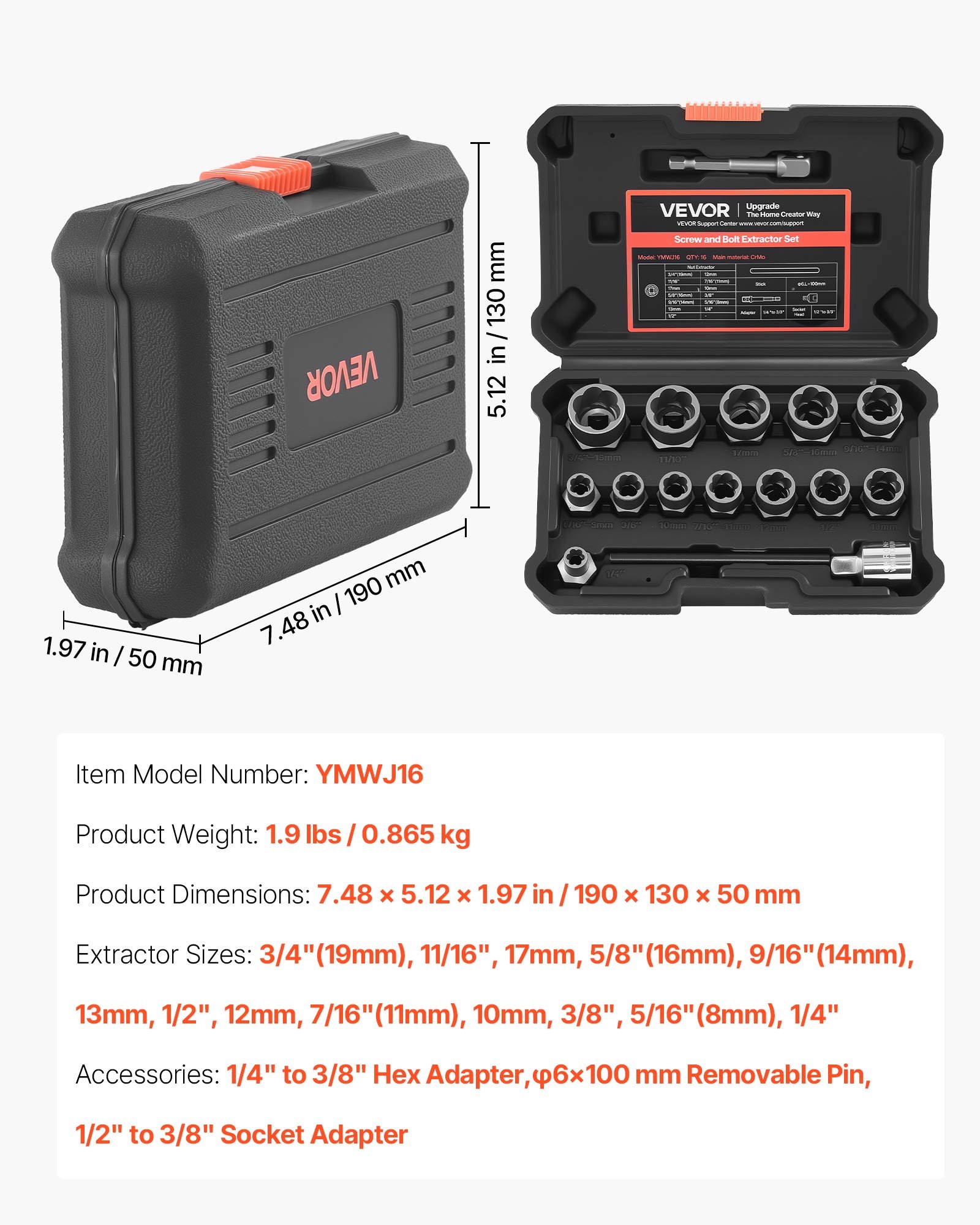 Bolt Extractor Kit, 16 Pieces Impact Bolt & Nut Remover Set With Adapters And Pin Punch, Solid Storage Case, Cr-Mo Steel For Removing Damaged, Rusted, Stripped, Rounded Bolts, Nuts And Screws